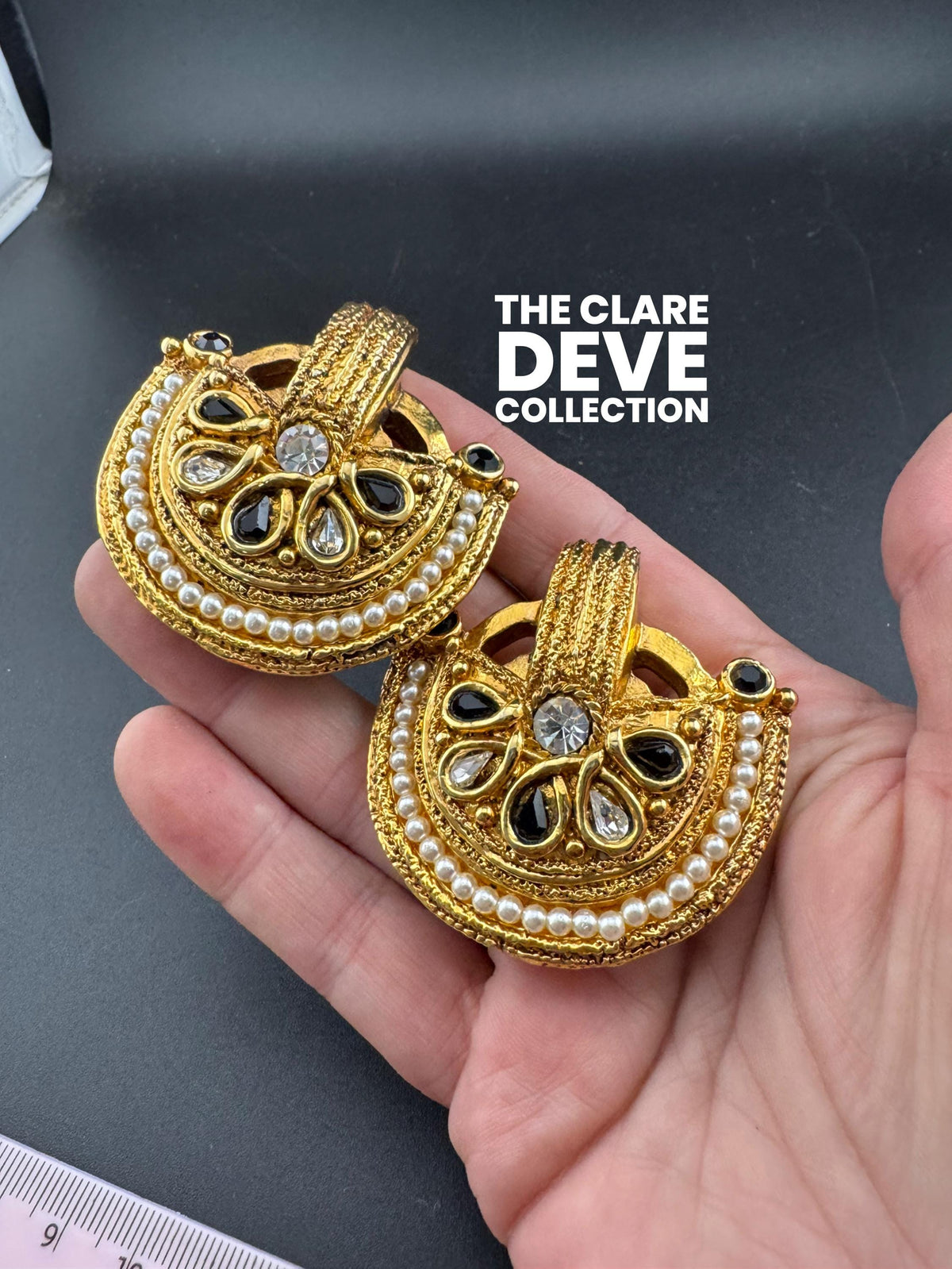 Claire Deve Earrings, Oversized Black Rhinestone Clip-On, 80S Art