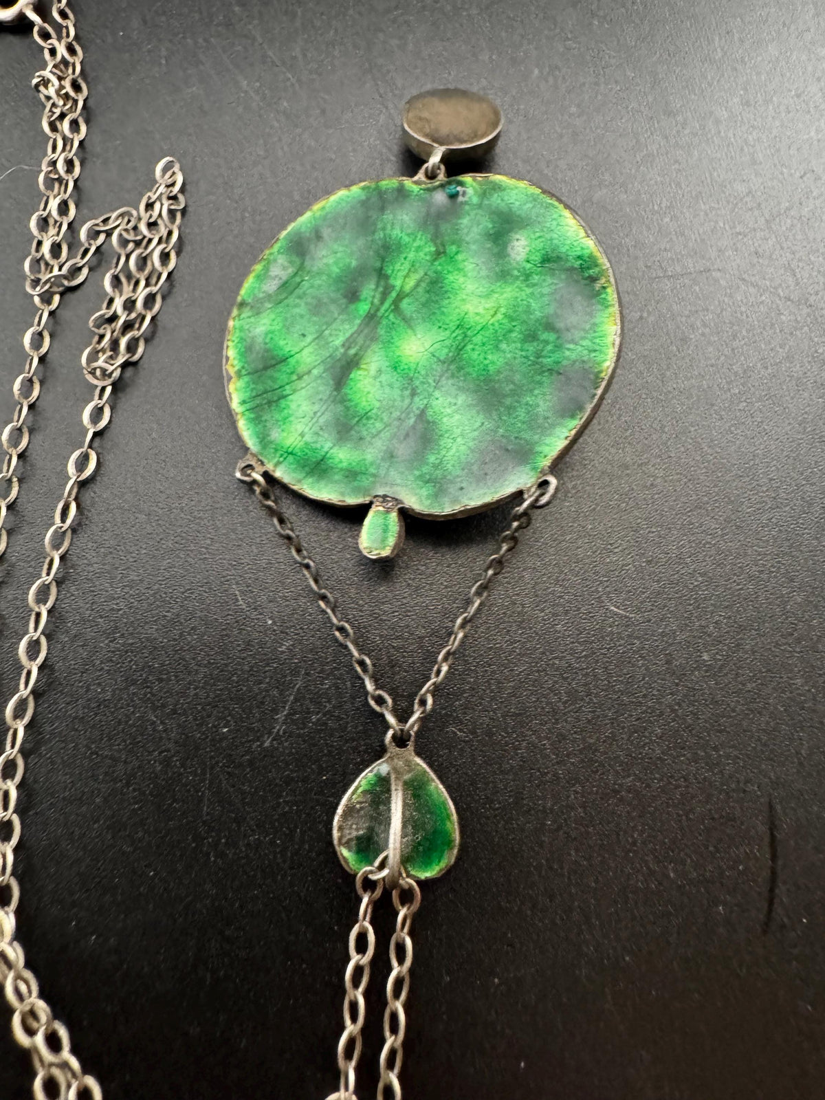 Art Nouveau Enamel Necklace, Antique Silver Pearl Guilloche Drop