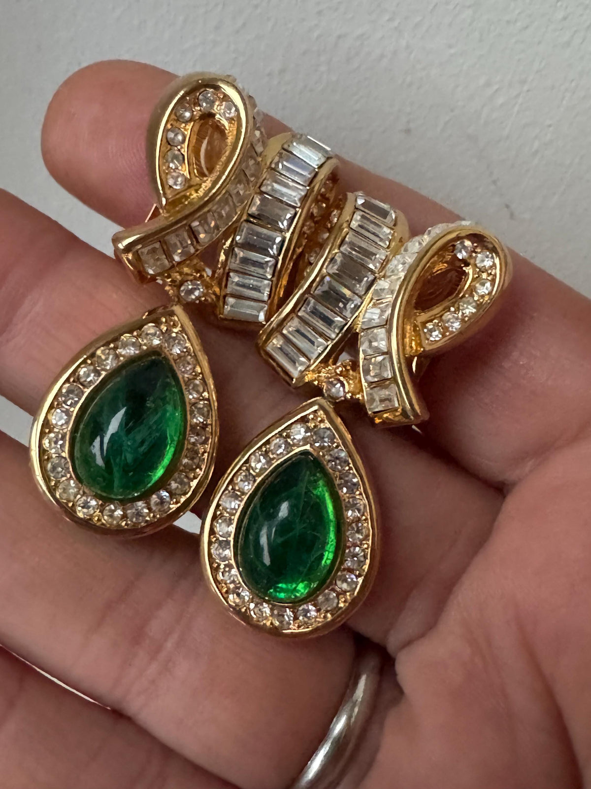 Vintage Dior Clip Earrings, Green Gripoix, Gold Tone, Signed Dior