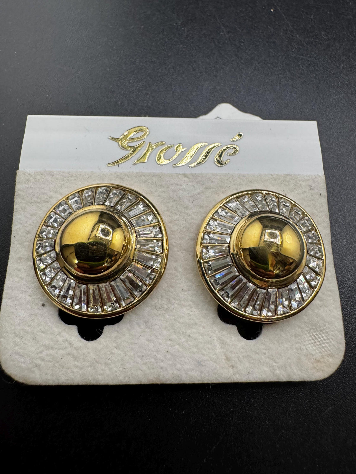 Grosse Clip On Earrings, Clear Baguette Rhinestone Round, Gold Plated