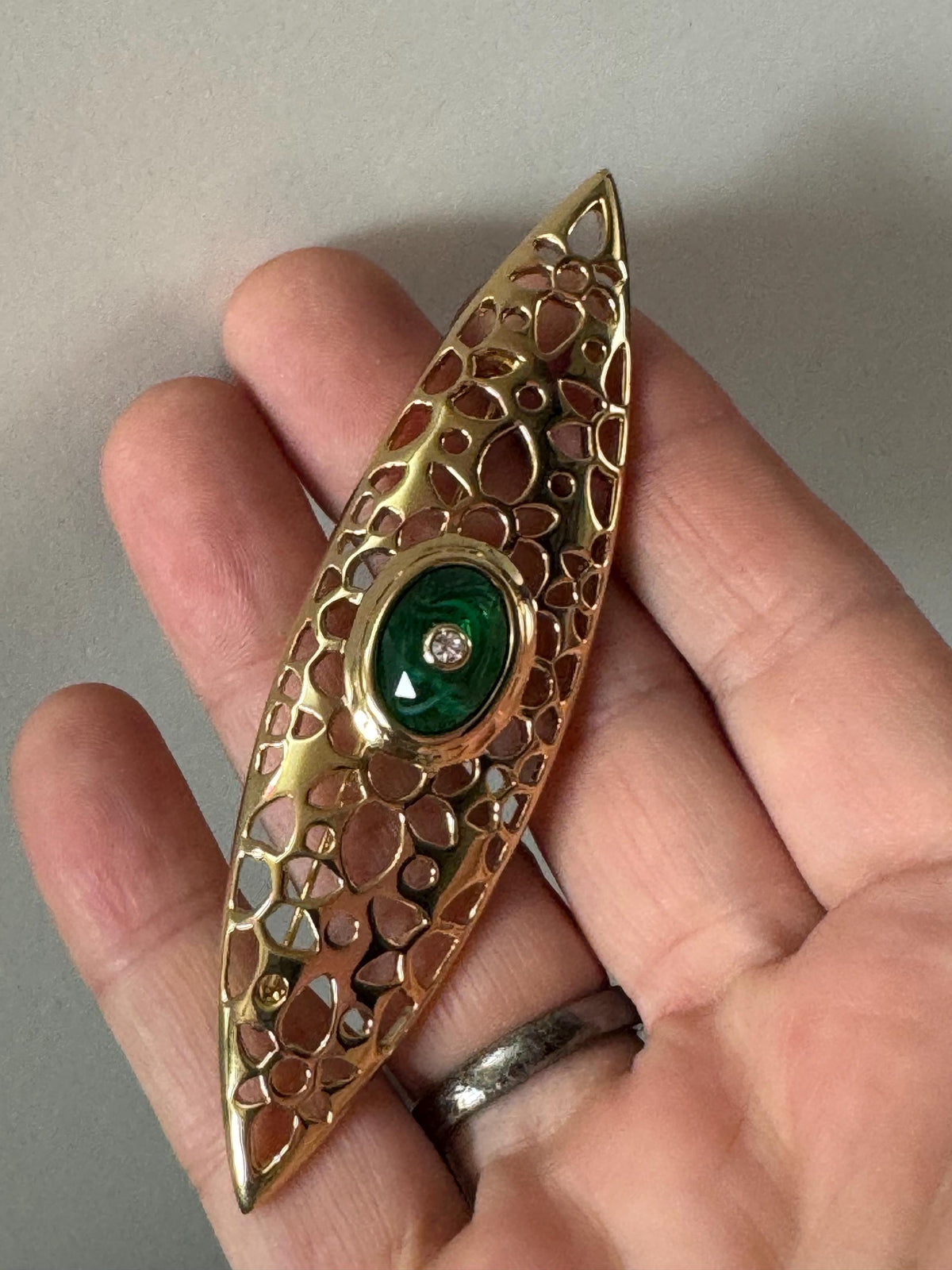 Vintage Grosse Brooch, 1980s Green Rhinestone German Designer Pin