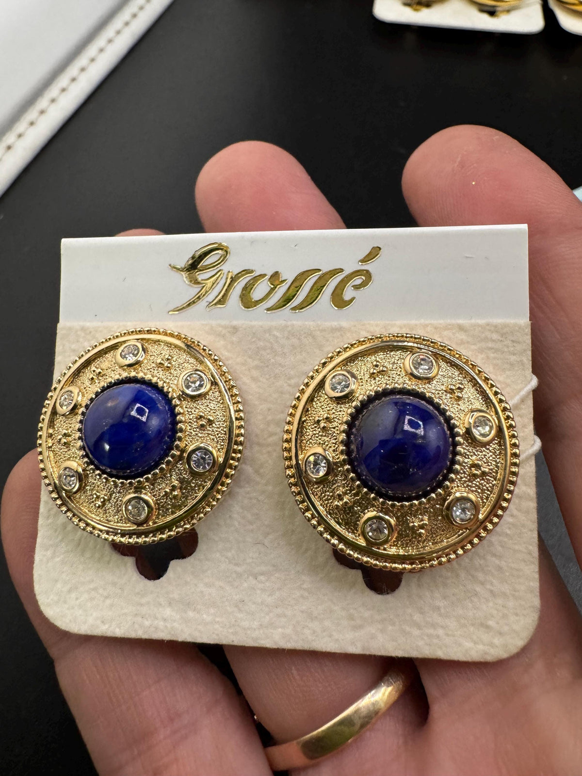 Grosse Clip On Earrings, Faux Blue Lapis, Rhinestones, Gold Plated
