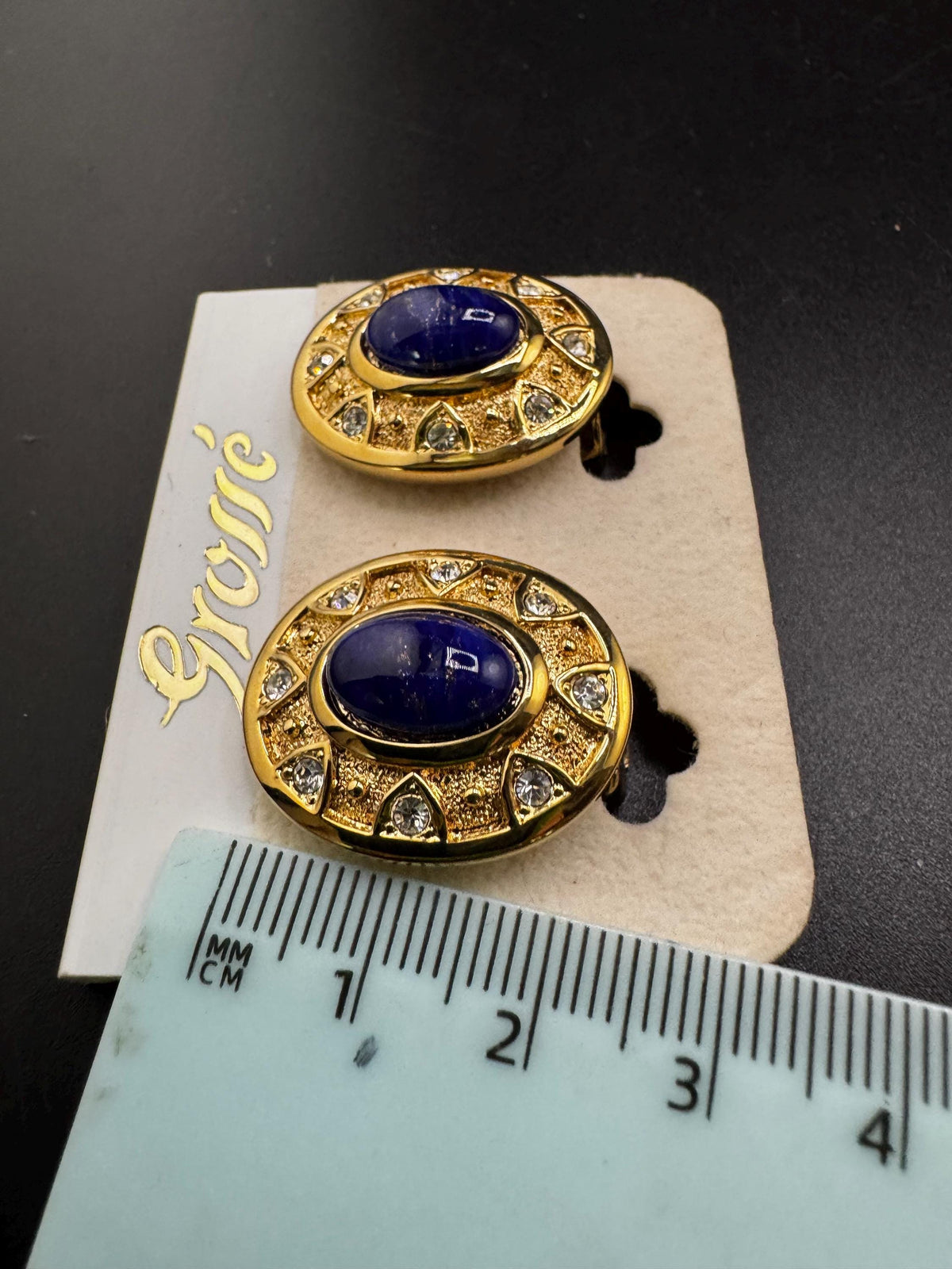 Vintage Clip Earrings, Grosse Oval Blue Lapis Cabochon, Rhinestones