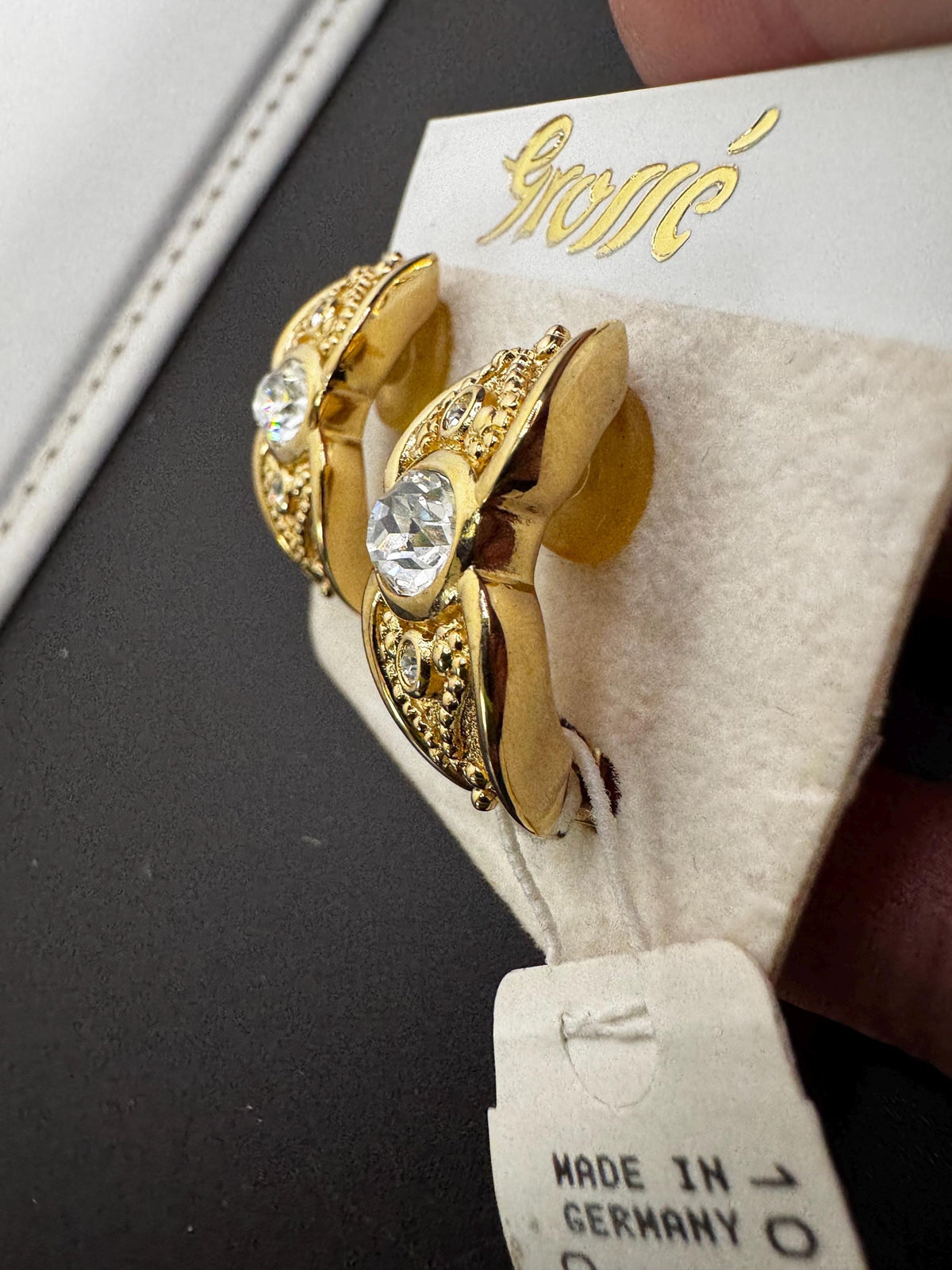 Vintage Grosse Clip Earrings, Gold Plated Rhinestone Half Hoop, 3 Cm