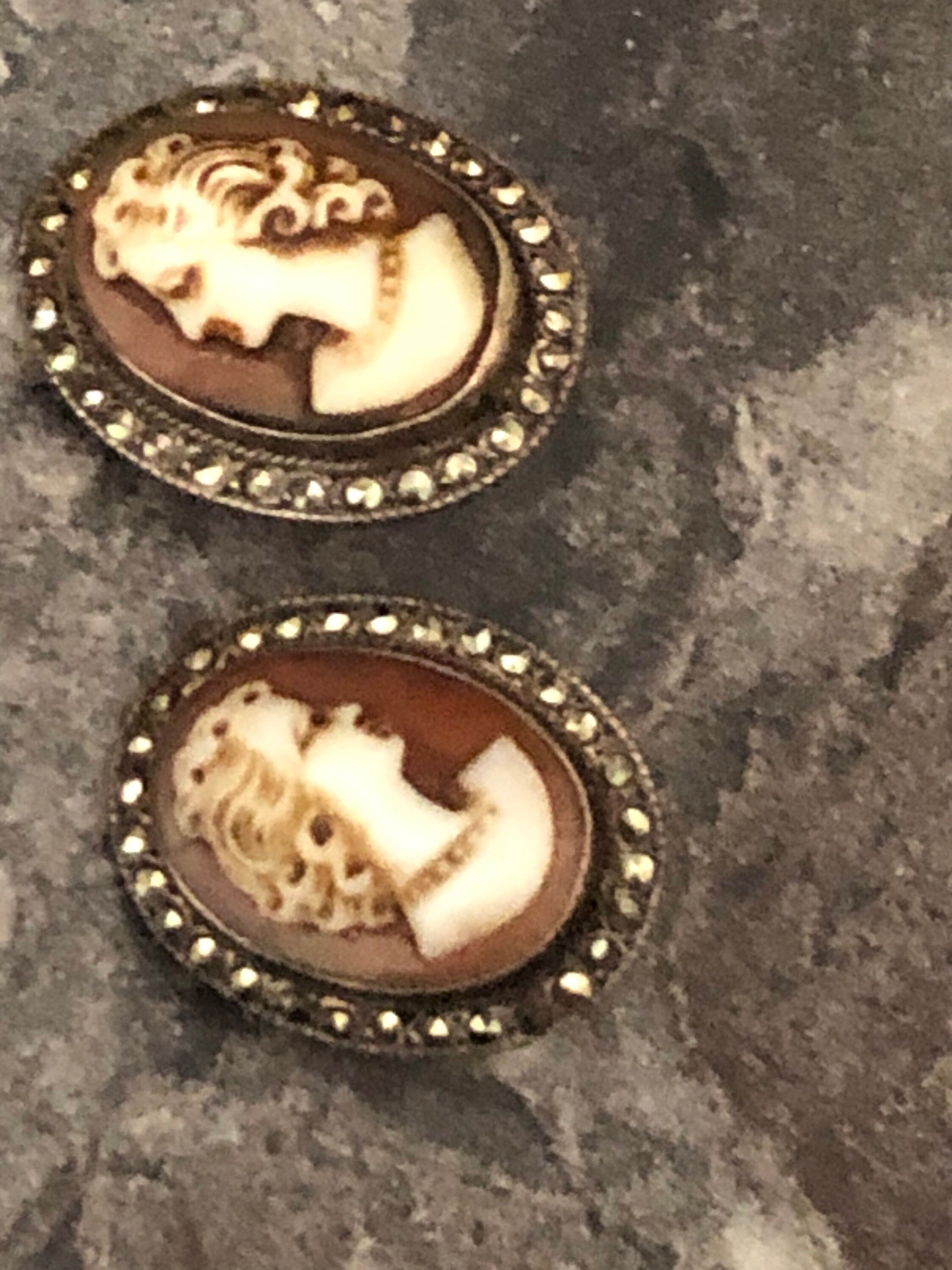 Victorian silver antique Carved Shell Cameo clip on earrings with marcasite