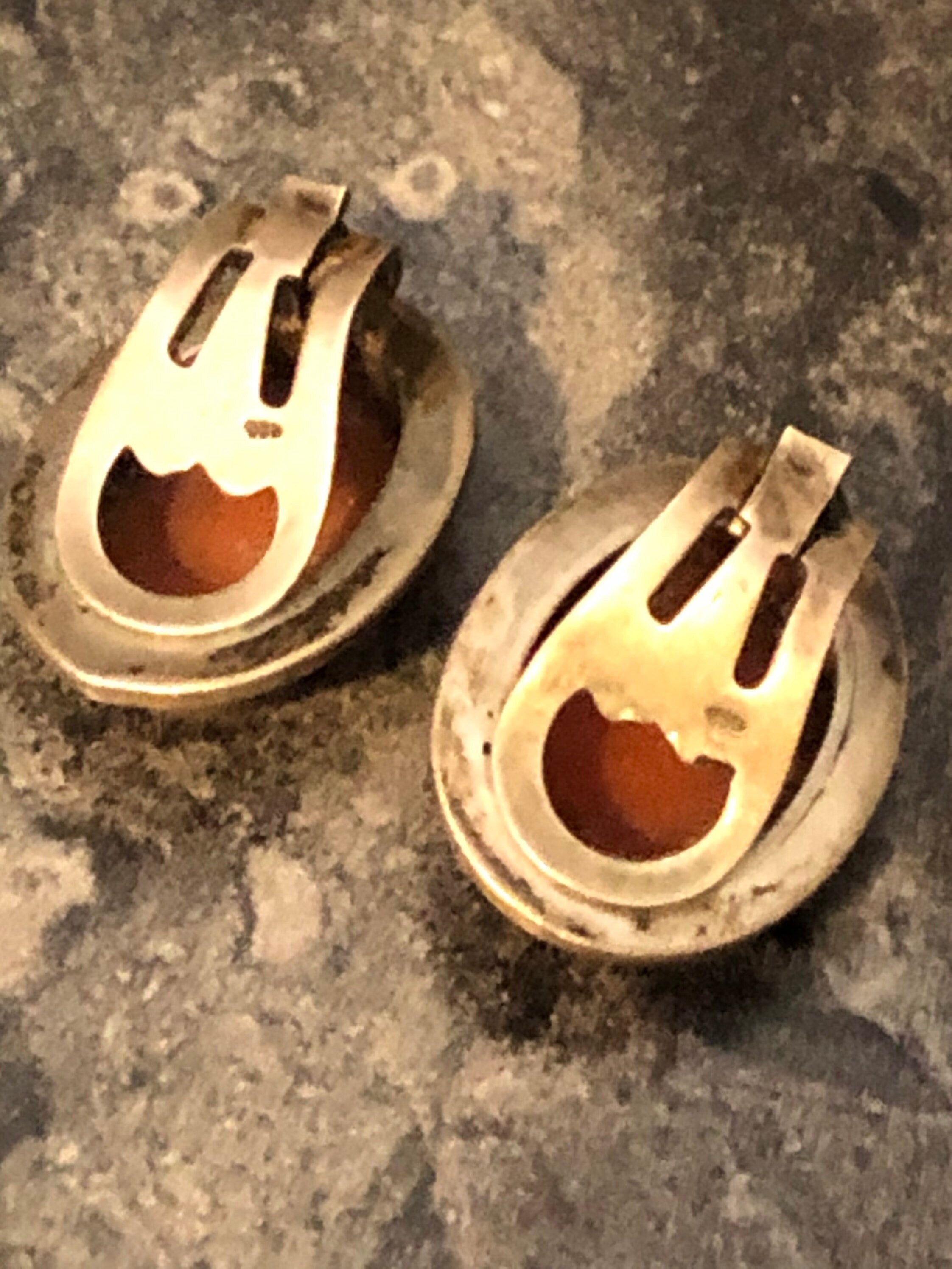 Victorian silver antique Carved Shell Cameo clip on earrings with marcasite