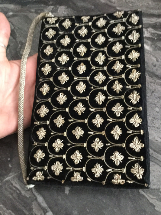 Indian zardozi evening bag purse black velvet gold wire thread work Vintage