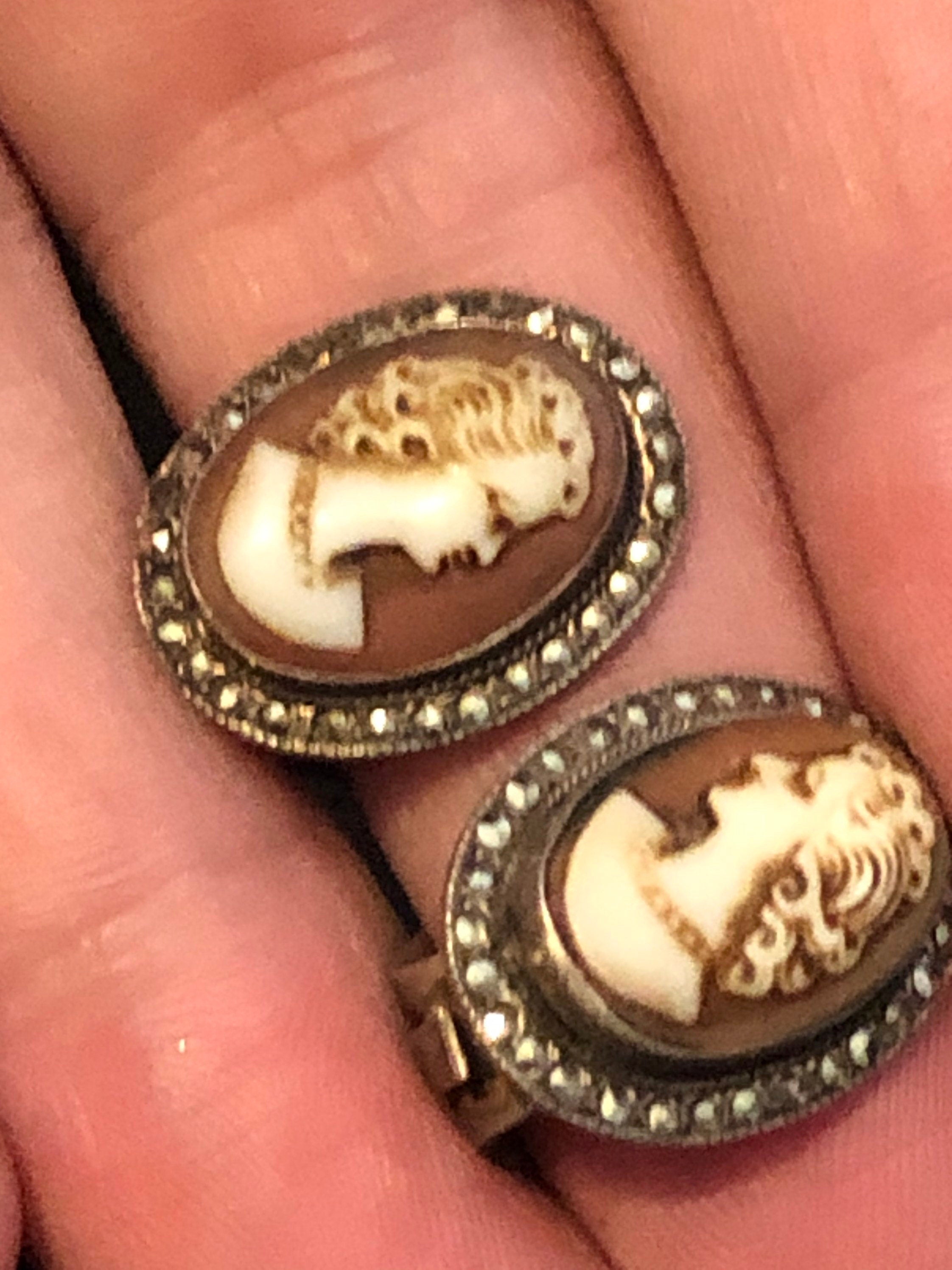 Victorian silver antique Carved Shell Cameo clip on earrings with marcasite