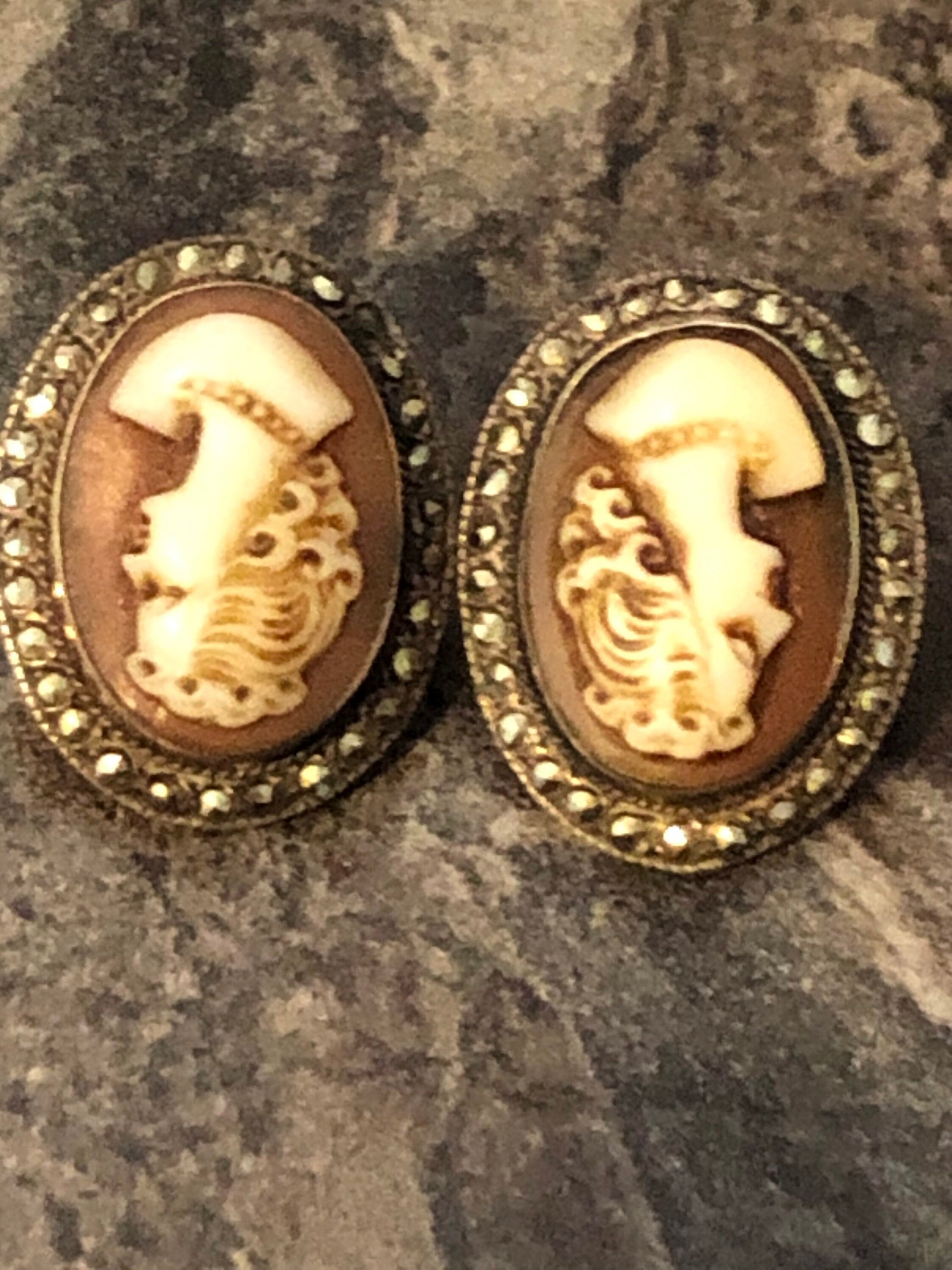 Victorian silver antique Carved Shell Cameo clip on earrings with marcasite
