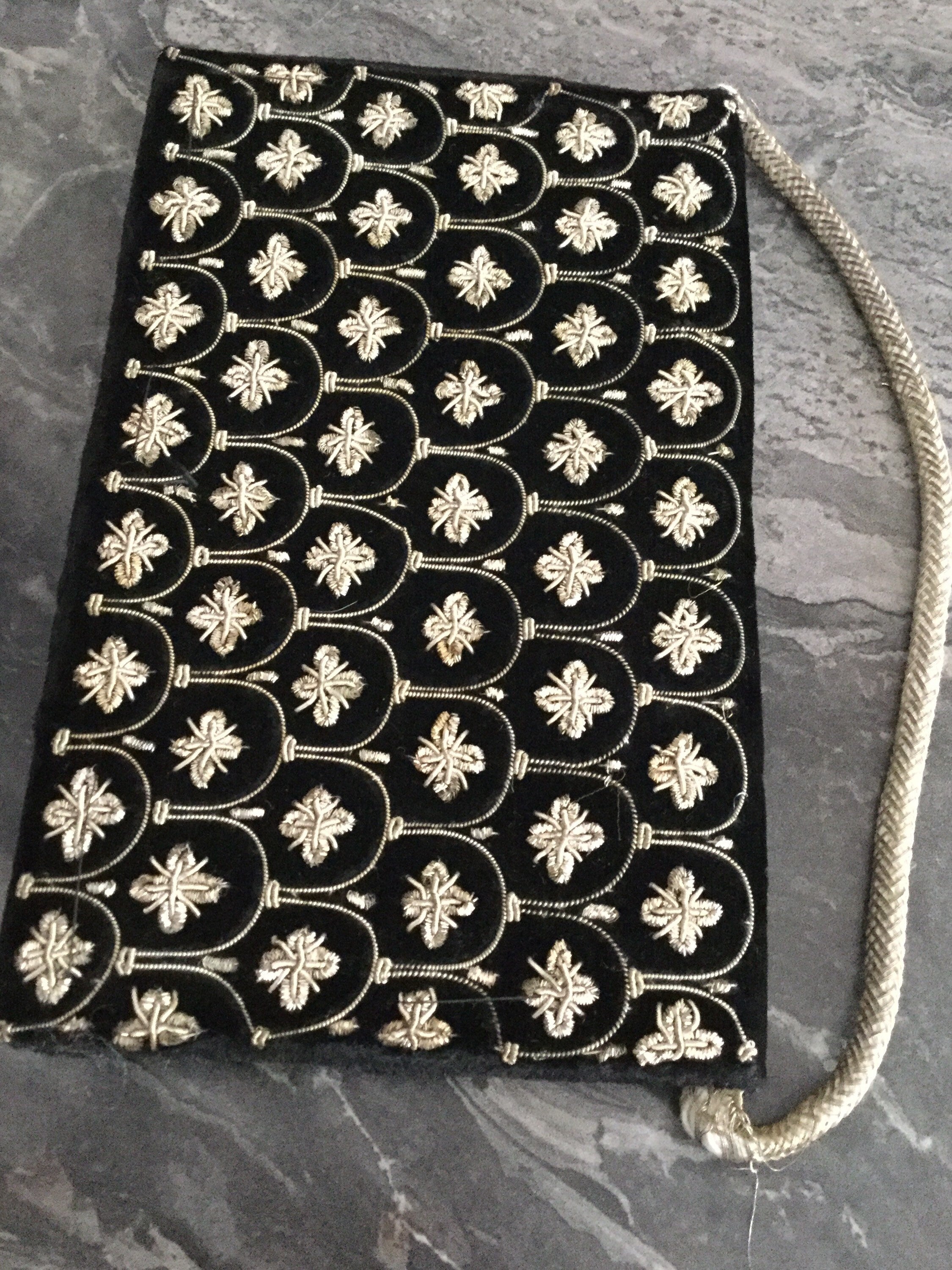Indian zardozi evening bag purse black velvet gold wire thread work Vintage