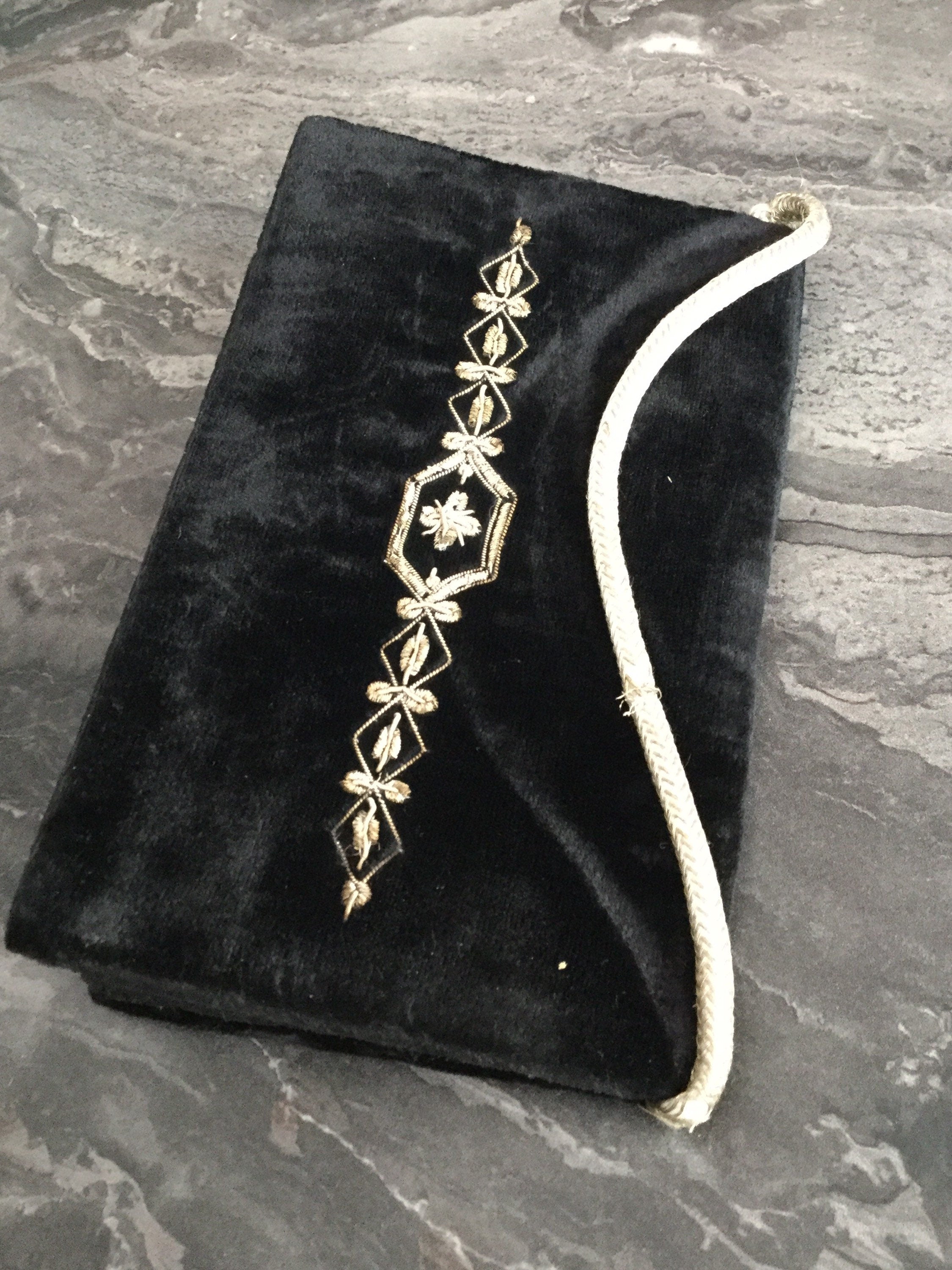 Indian zardozi evening bag purse black velvet gold wire thread work Vintage