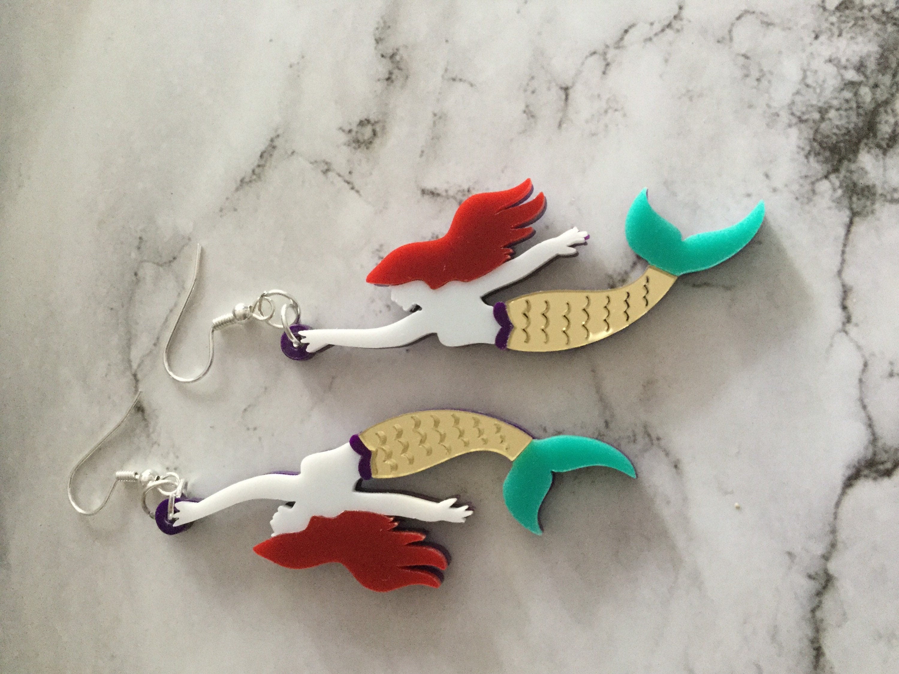 oversized acrylic gold blue mermaid drop earrings for pierced ears