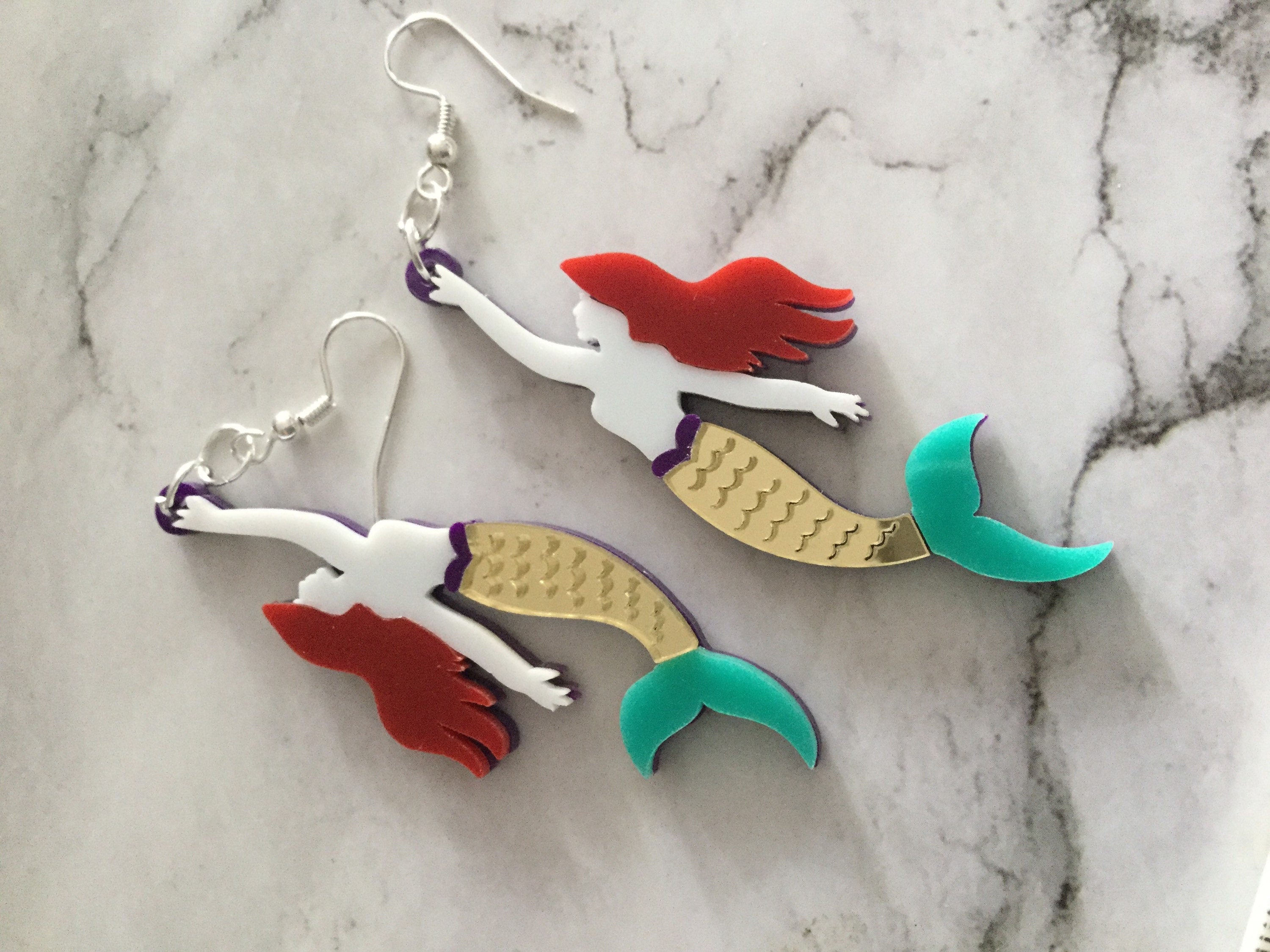 oversized acrylic gold blue mermaid drop earrings for pierced ears
