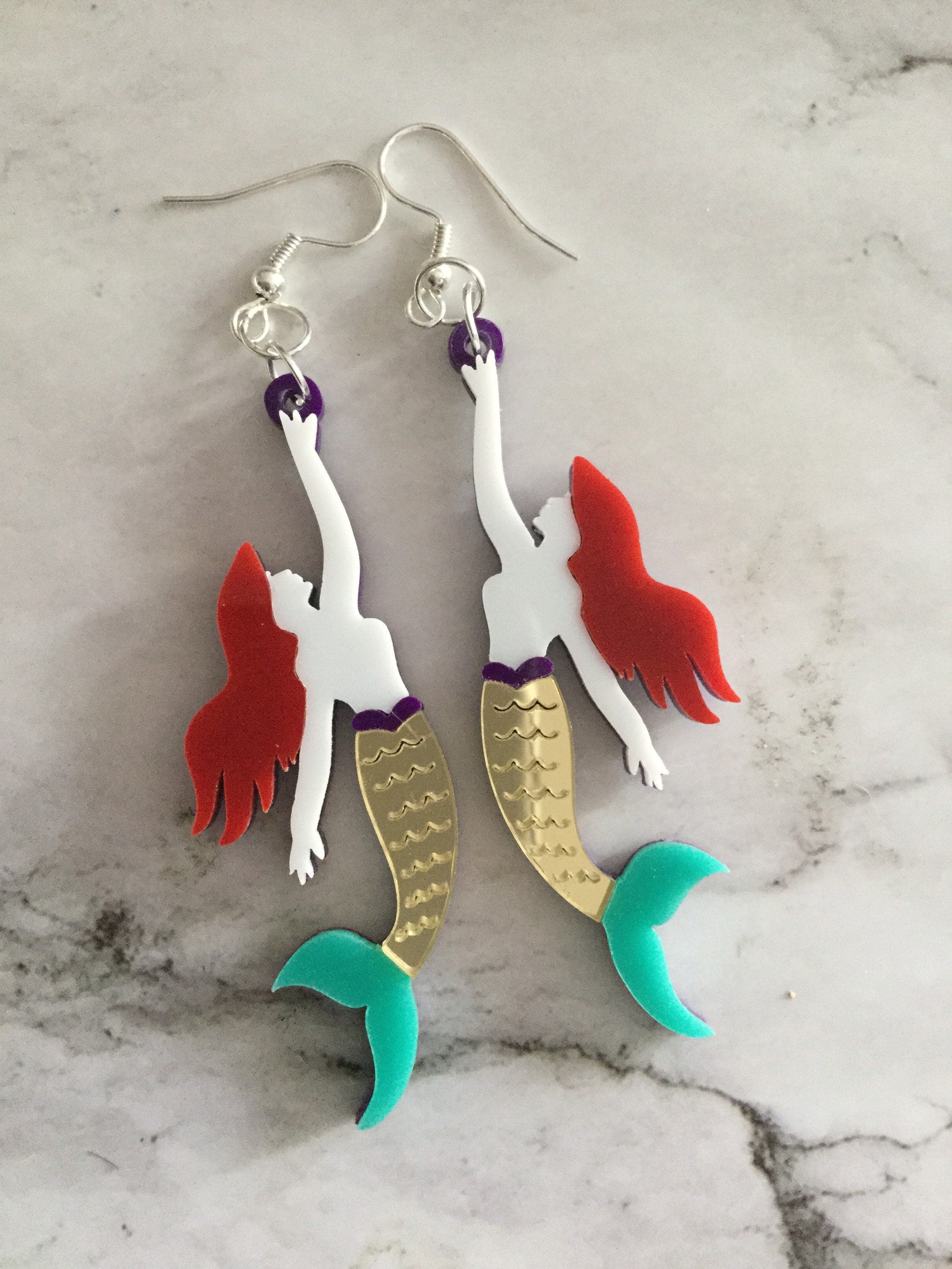 oversized acrylic gold blue mermaid drop earrings for pierced ears