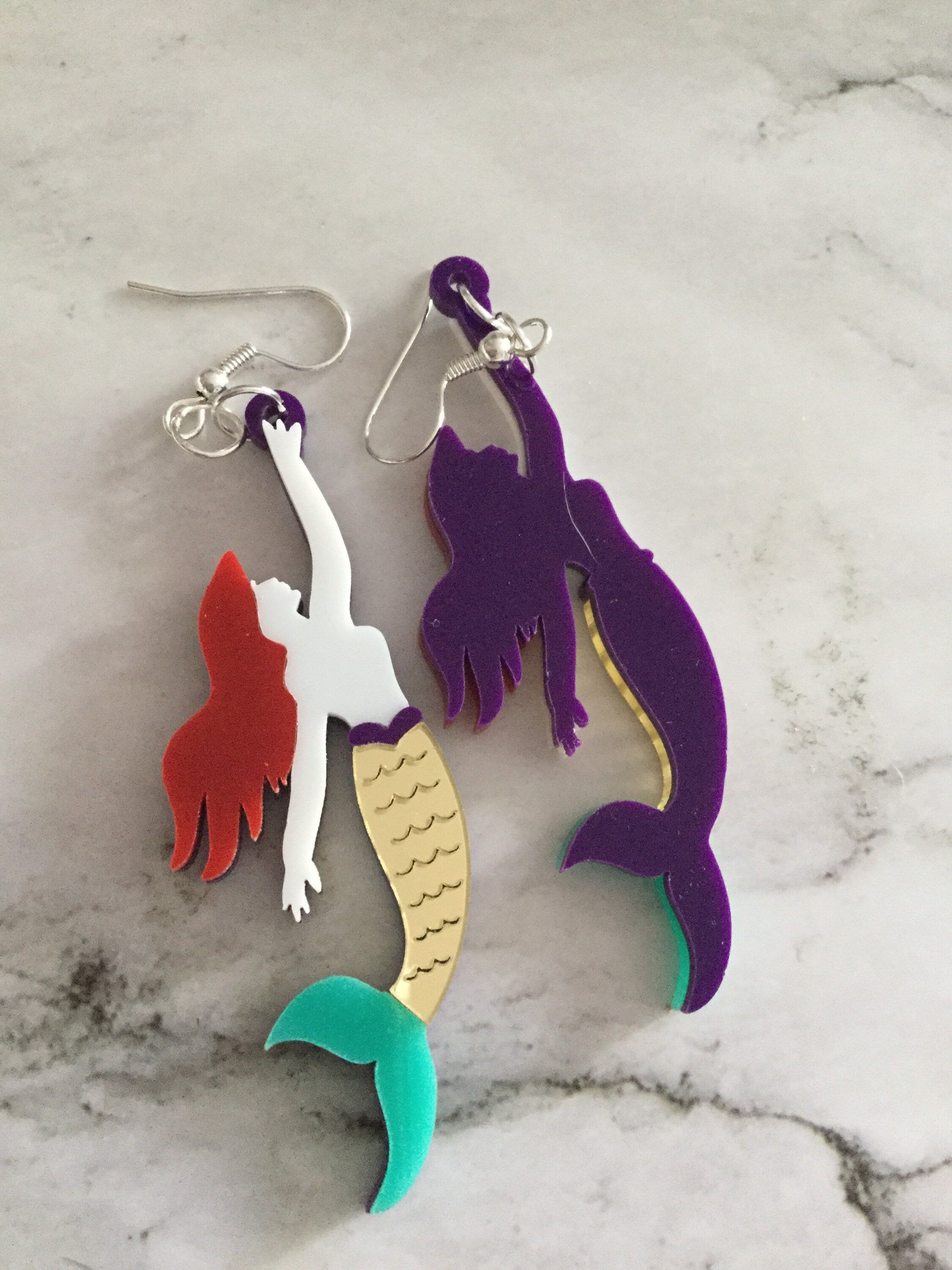 oversized acrylic gold blue mermaid drop earrings for pierced ears
