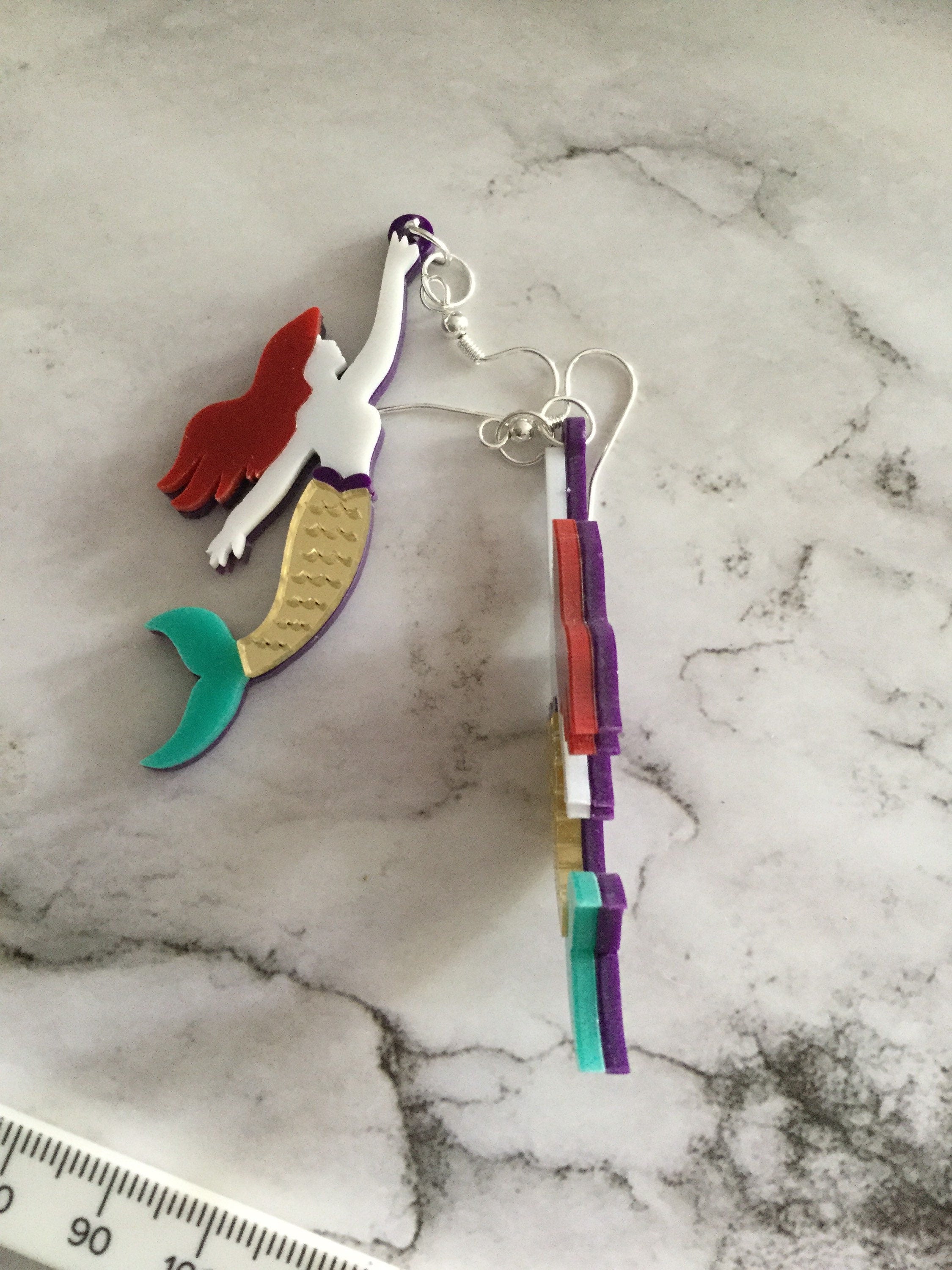 oversized acrylic gold blue mermaid drop earrings for pierced ears