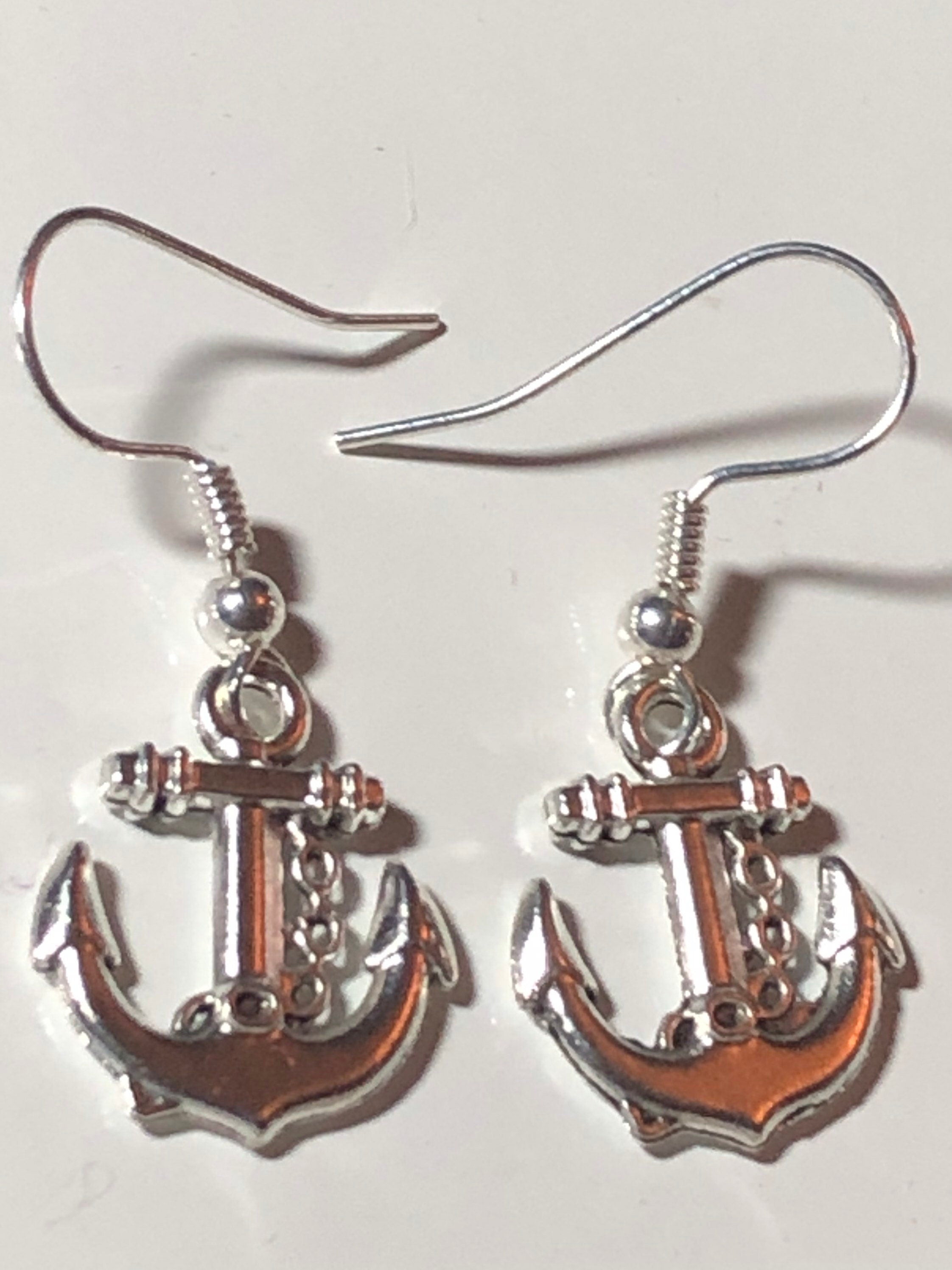 silver tone nautical anchor small drop earrings