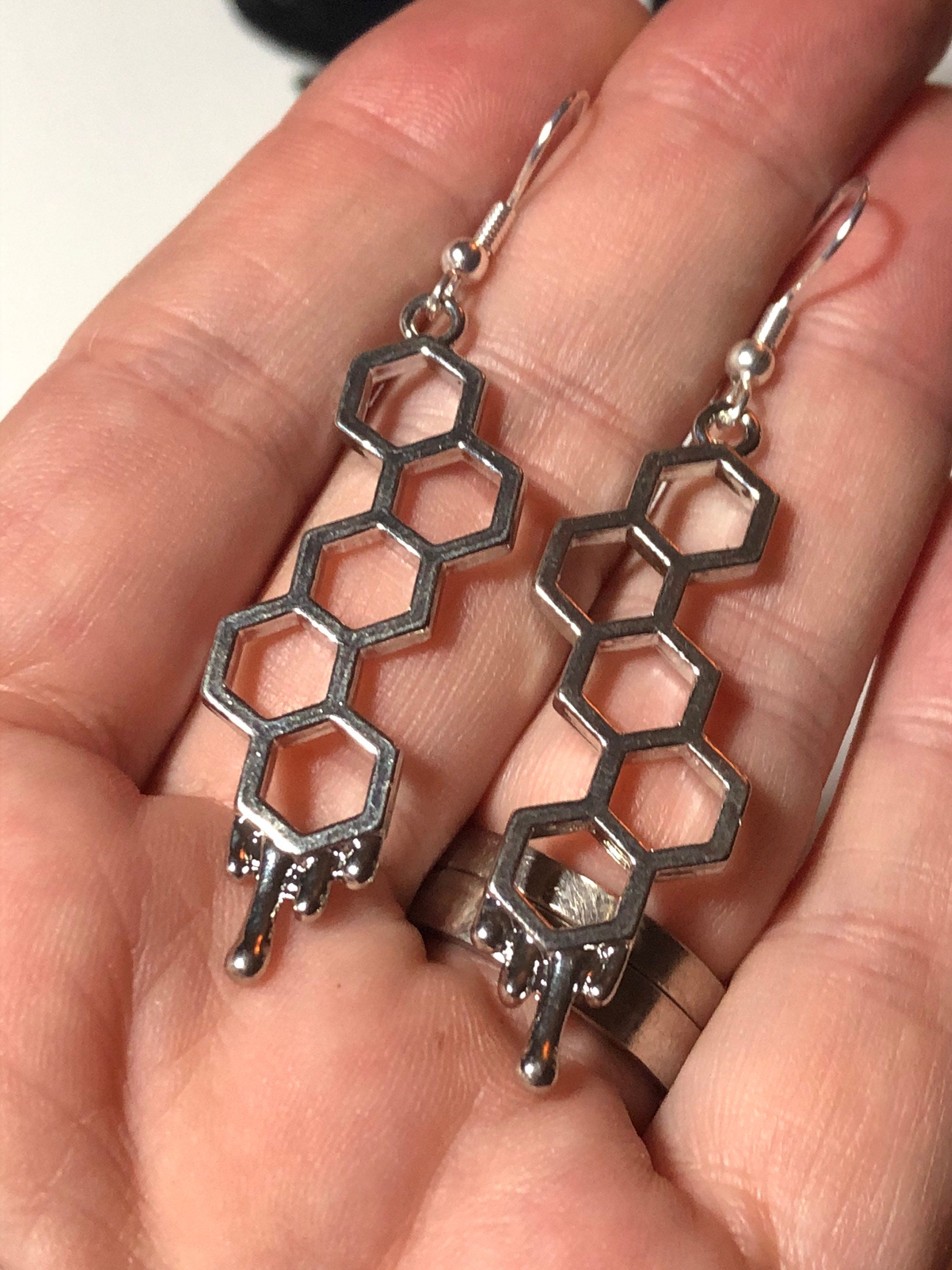 bumble bee drop earrings Silver dripping honeycomb