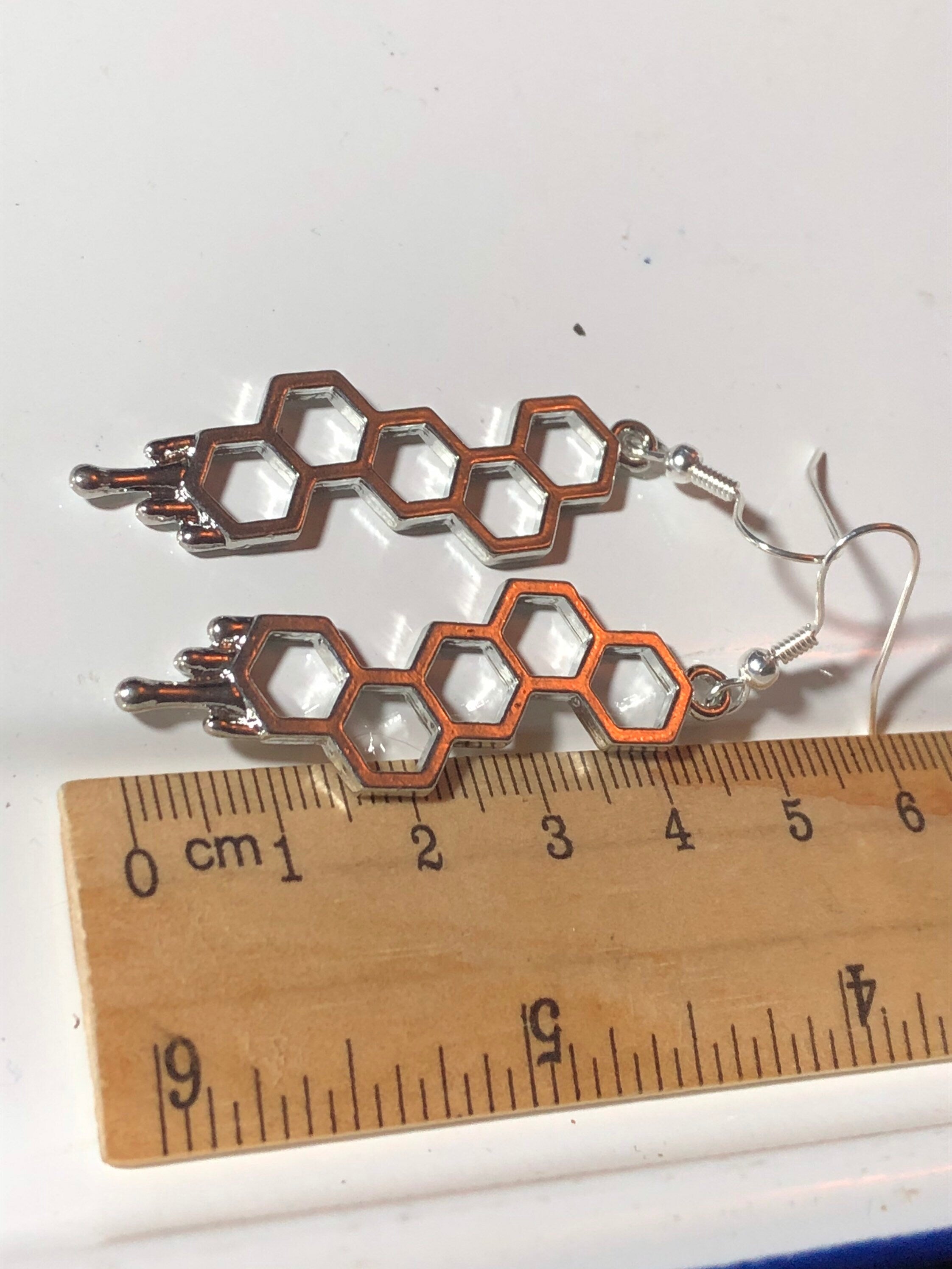 bumble bee drop earrings Silver dripping honeycomb