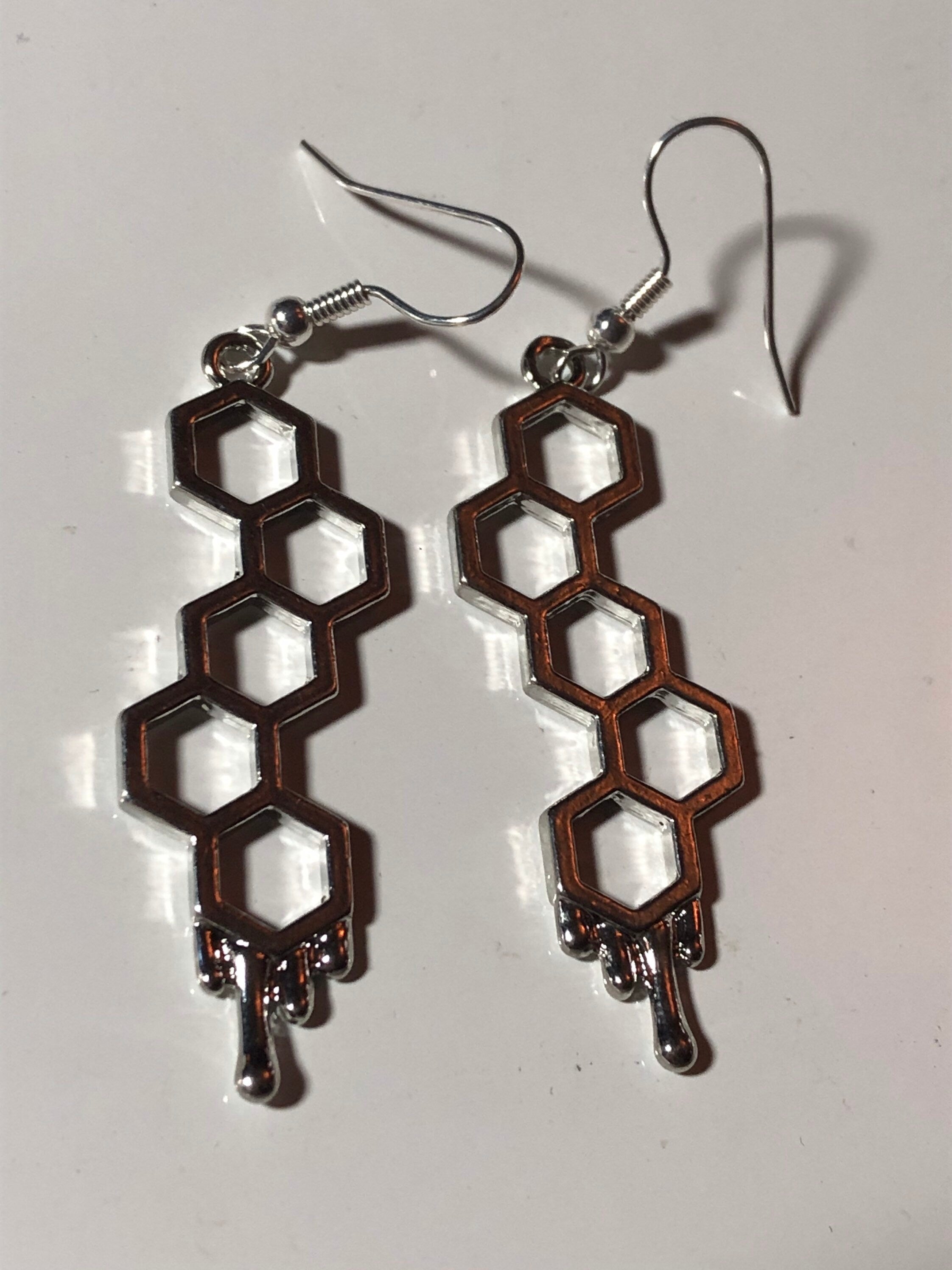 bumble bee drop earrings Silver dripping honeycomb