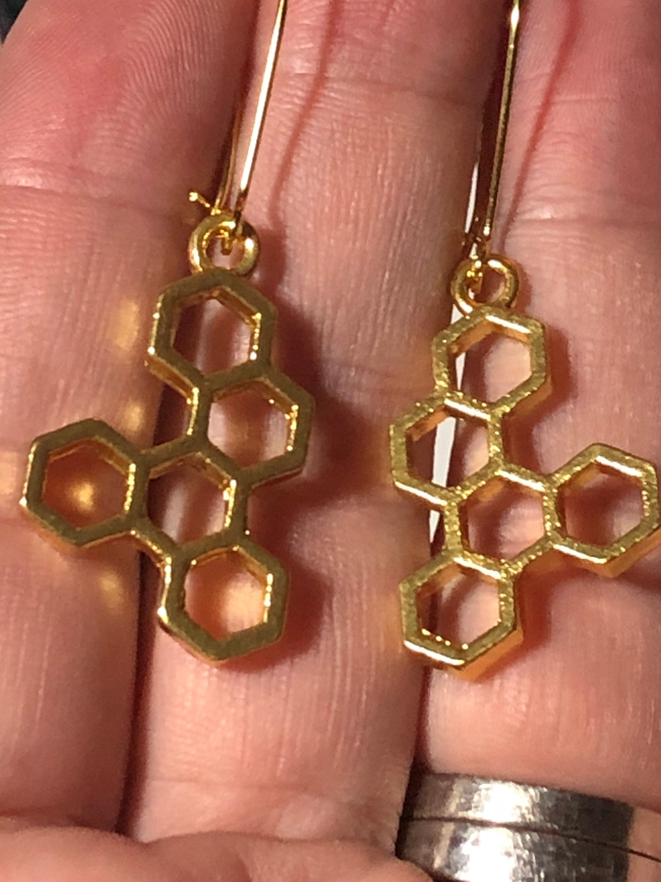 gold tone honeycomb bee cells drop earrings for pierced ears
