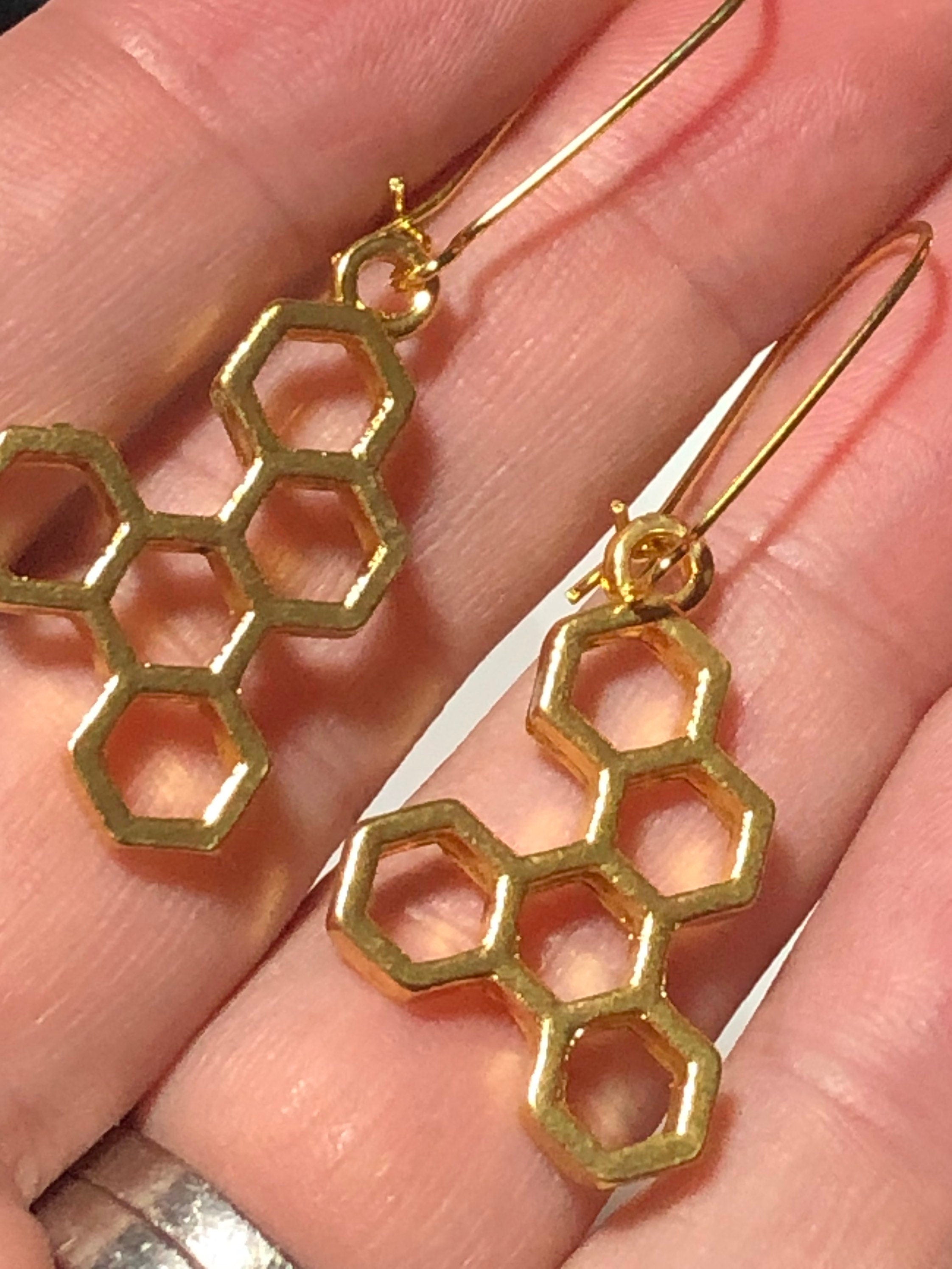 gold tone honeycomb bee cells drop earrings for pierced ears