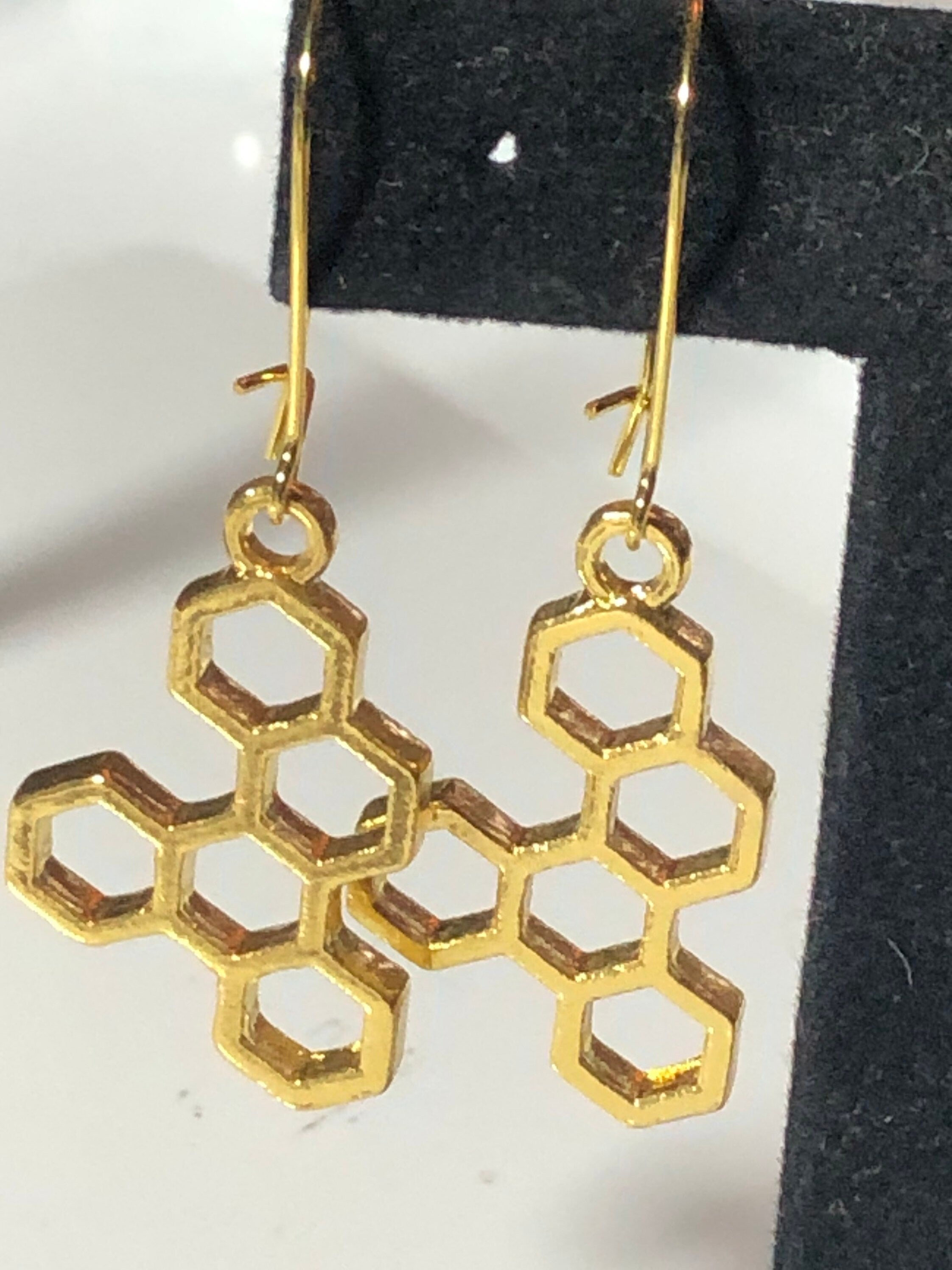 gold tone honeycomb bee cells drop earrings for pierced ears