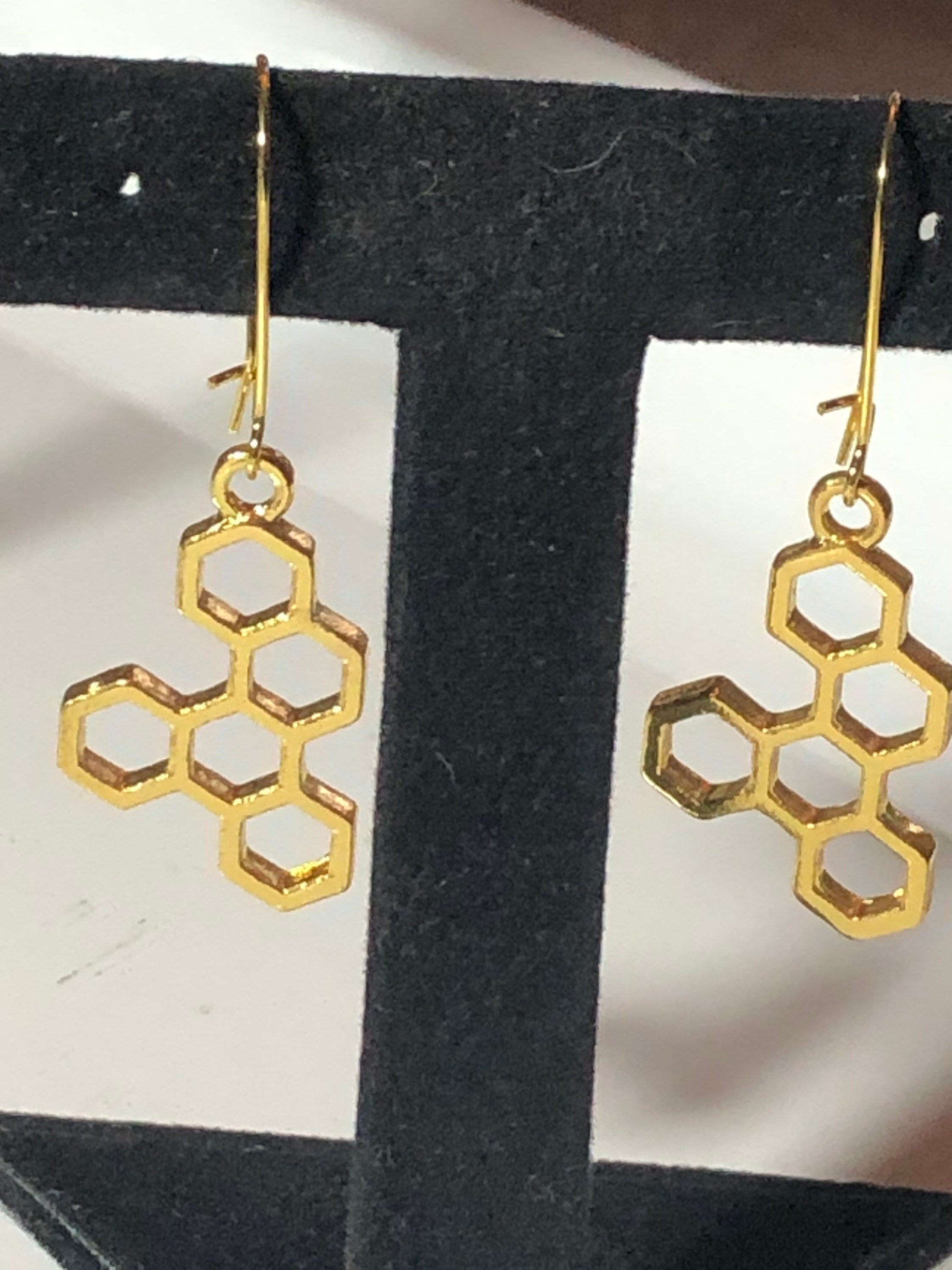 gold tone honeycomb bee cells drop earrings for pierced ears