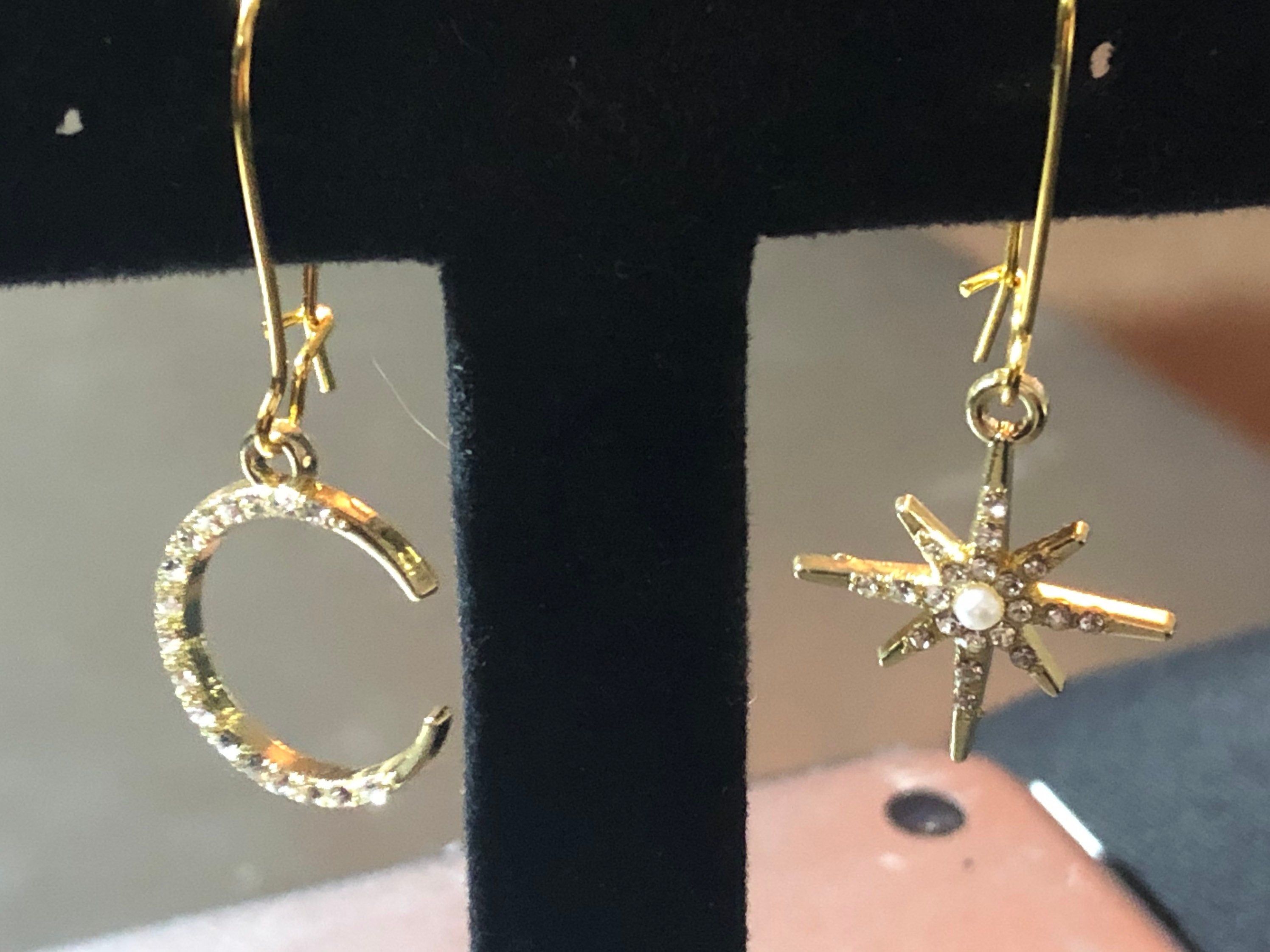 Celestial star & moon diamanté drop earrings gold tone pierced