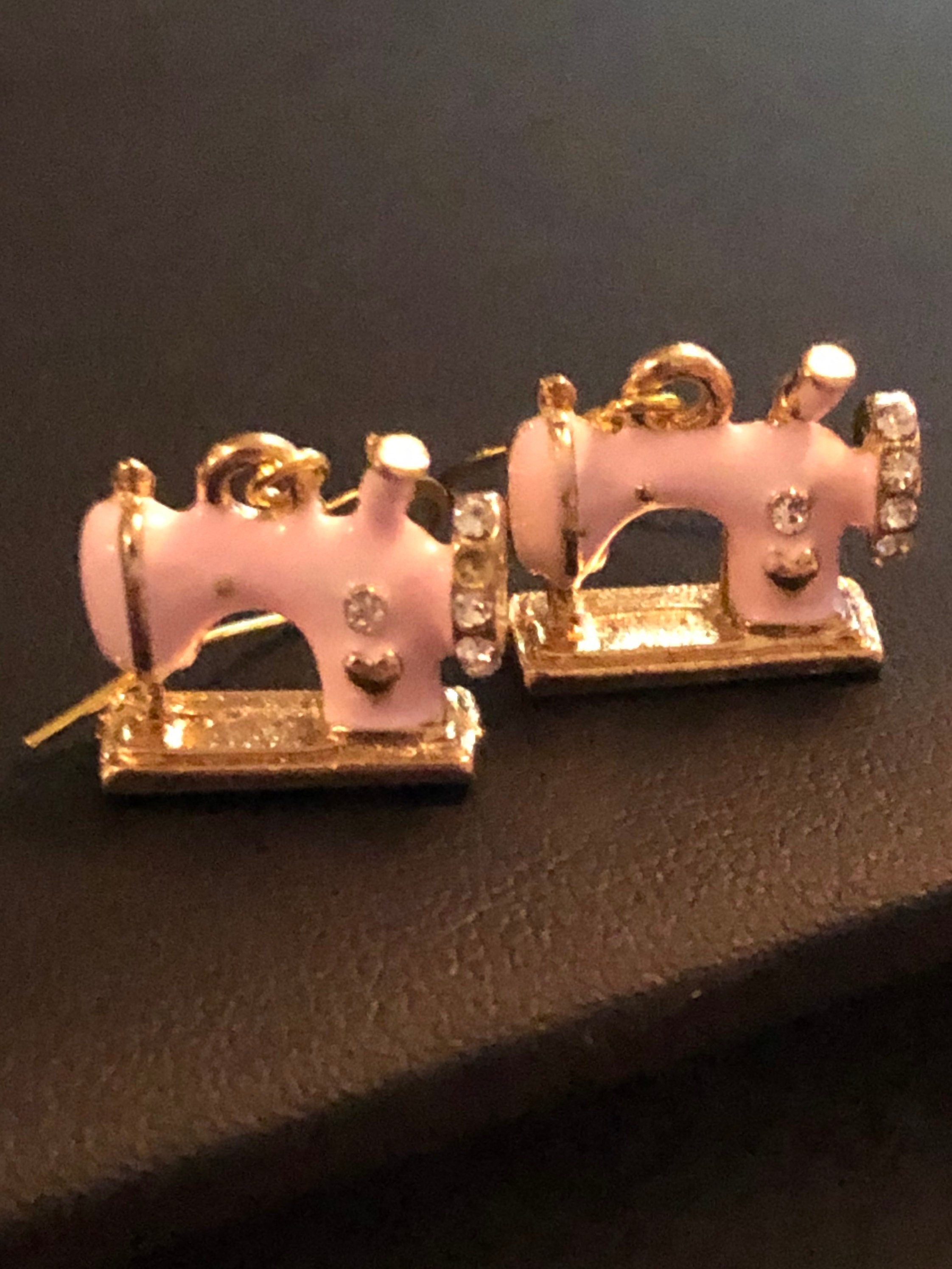 Pink enamel diamanté sewing machine earrings