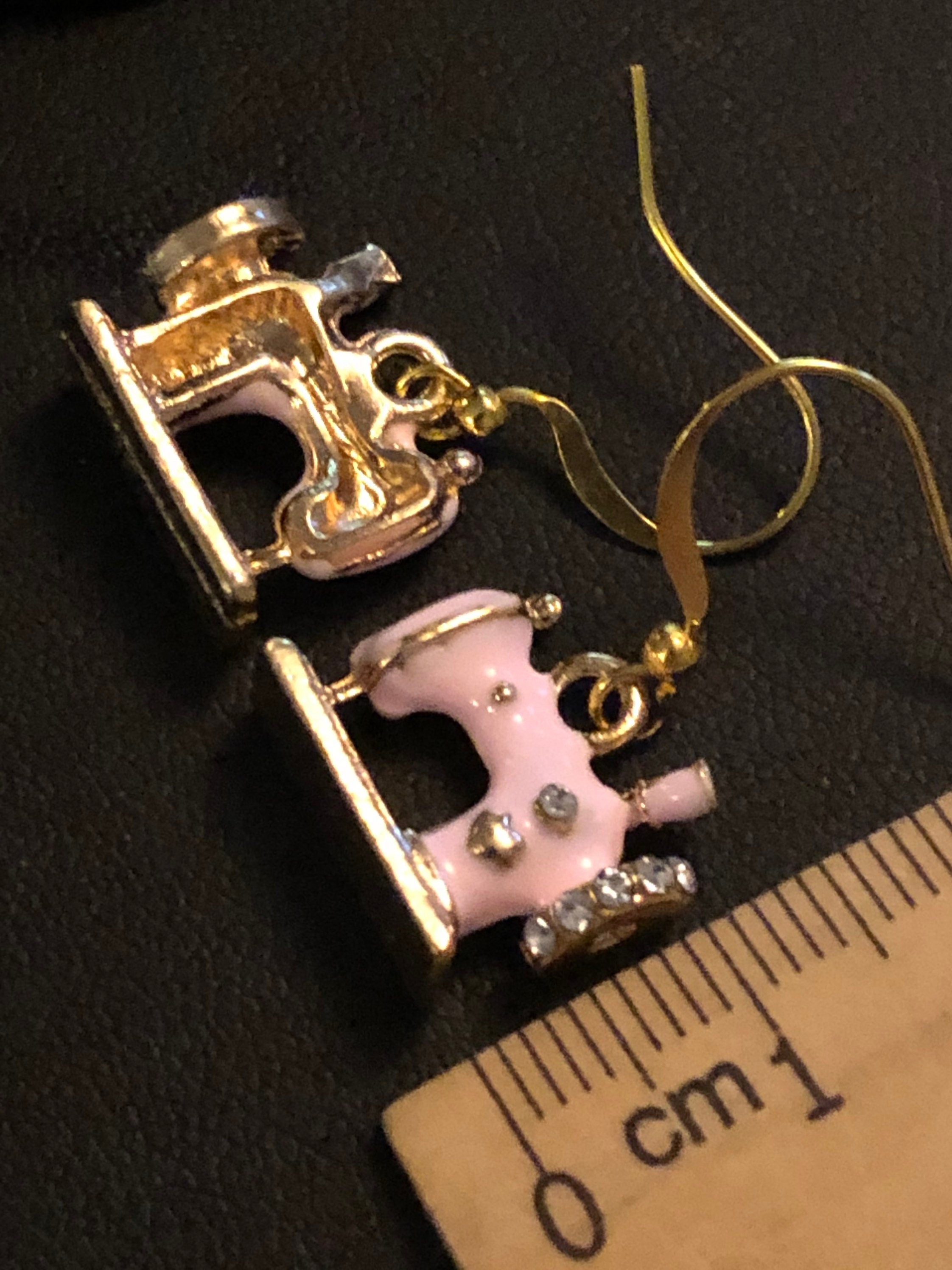Pink enamel diamanté sewing machine earrings