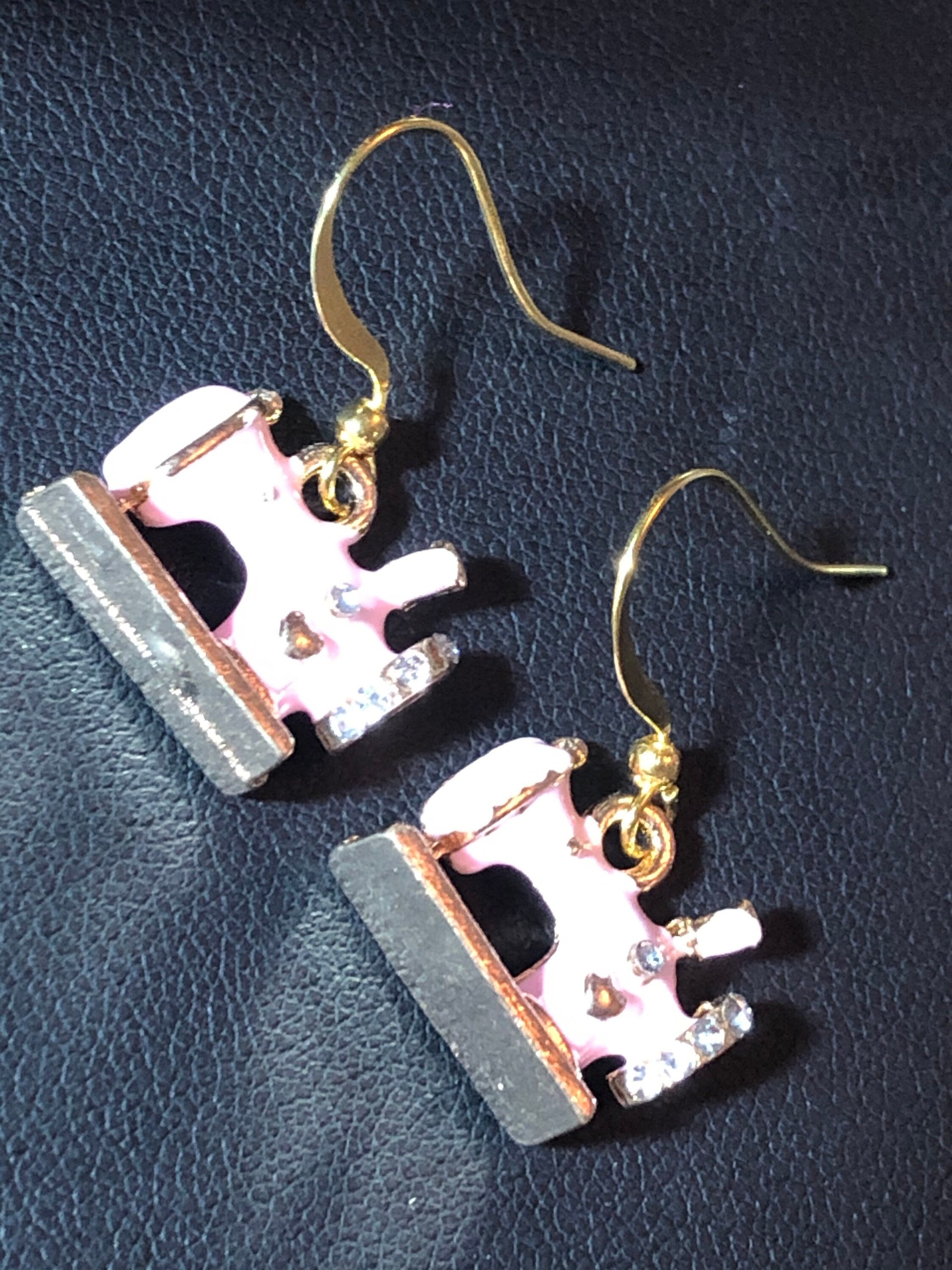 Pink enamel diamanté sewing machine earrings