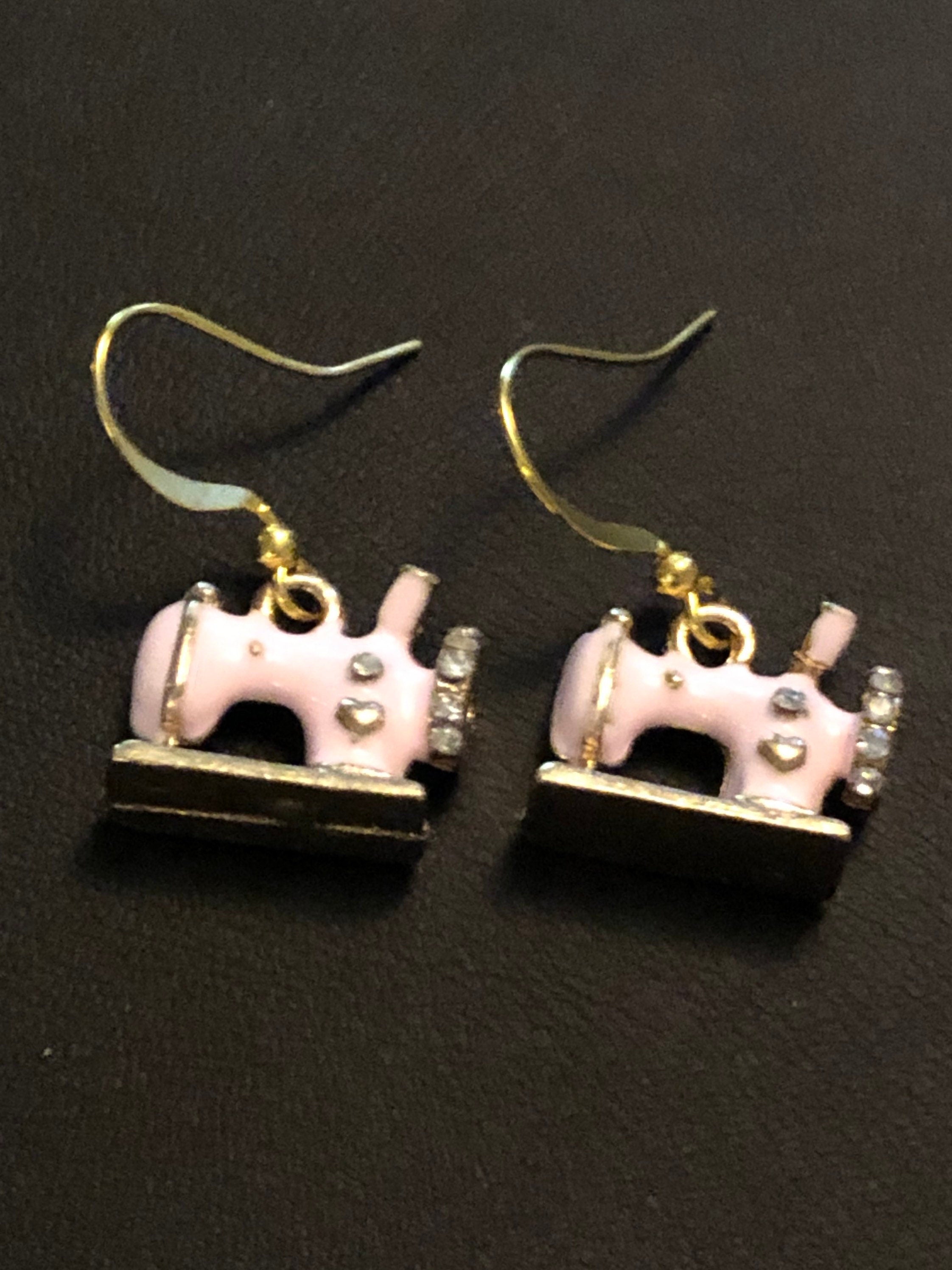 Pink enamel diamanté sewing machine earrings