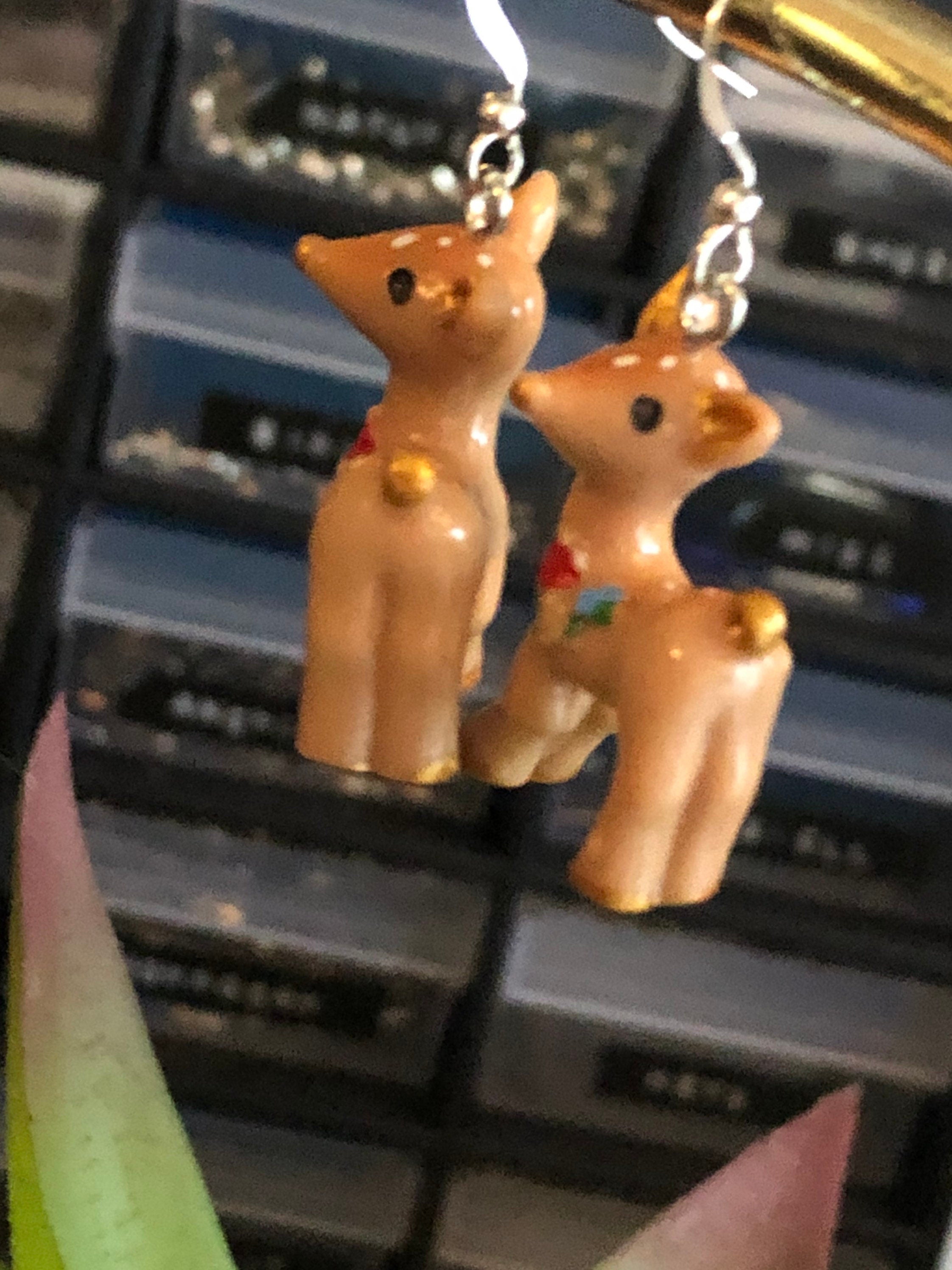 vintage brown Baby Deer dangly earrings pierced kitsch style