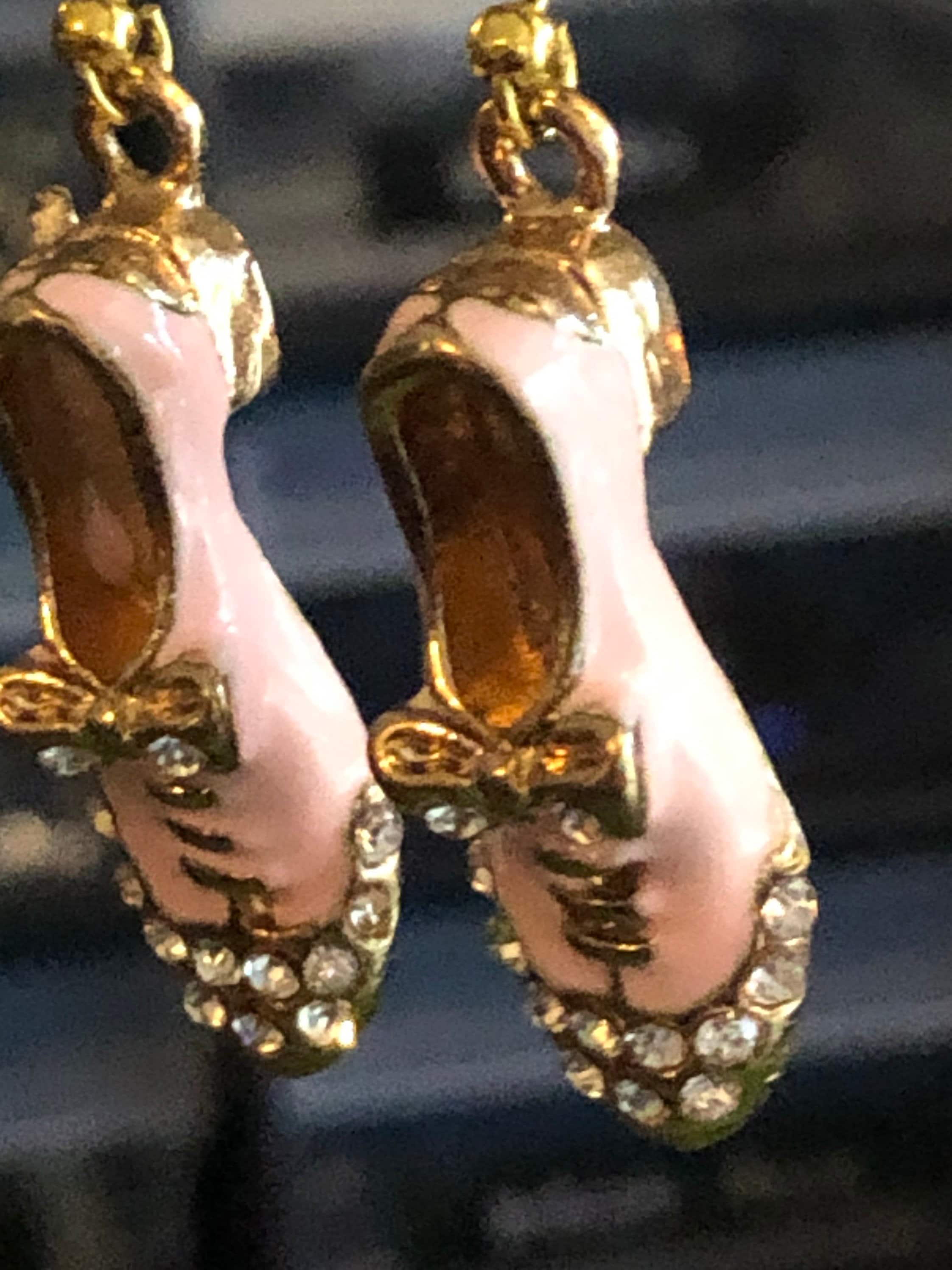 brogue shoe drop earrings for pierced ears PINK enamel diamanté