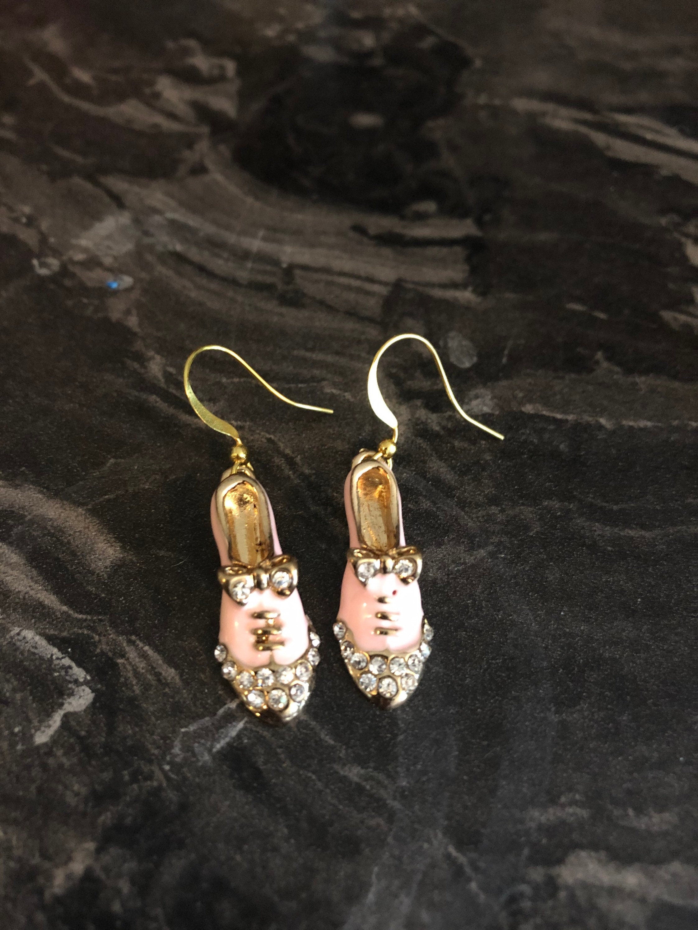 brogue shoe drop earrings for pierced ears PINK enamel diamanté
