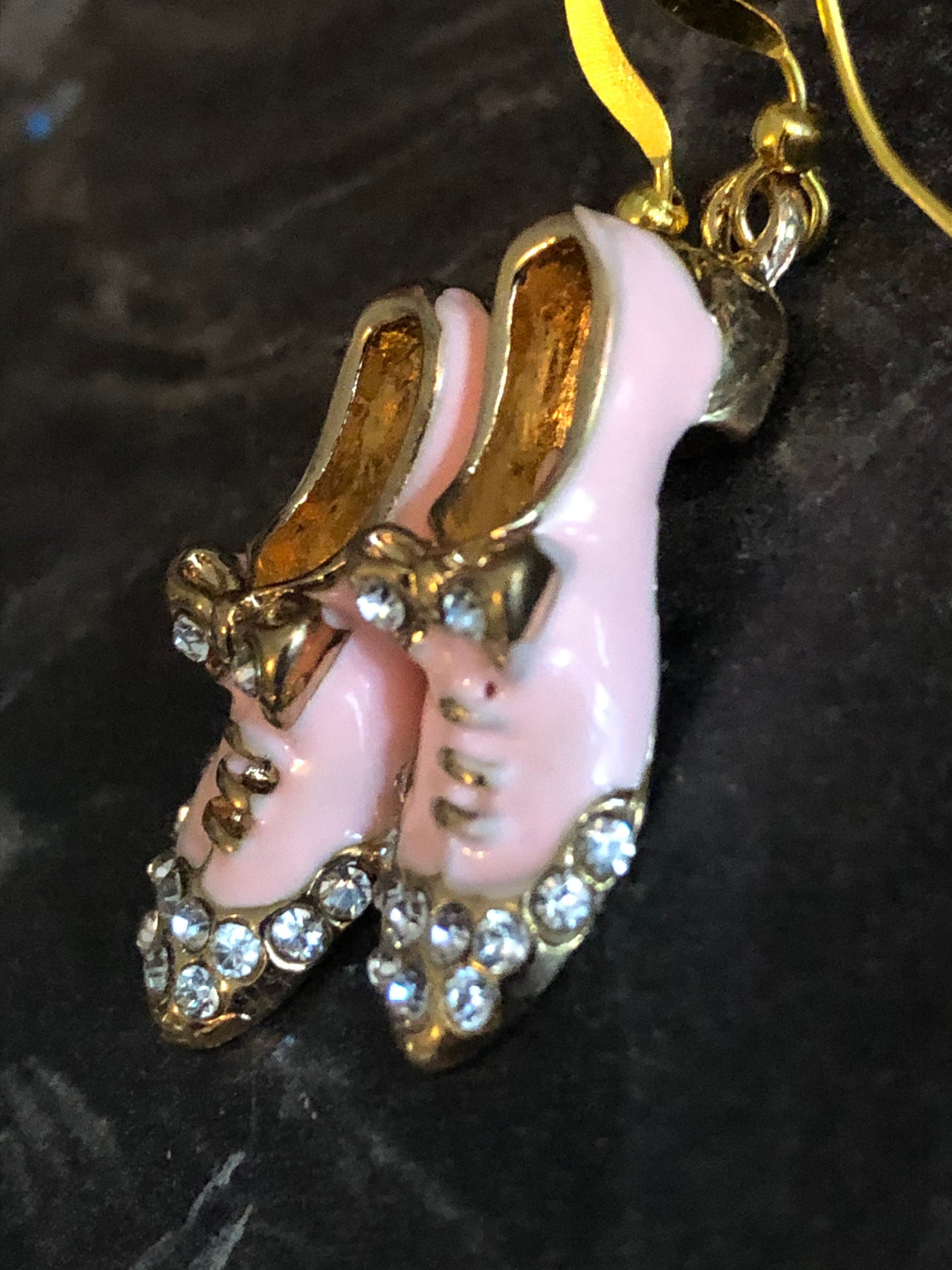brogue shoe drop earrings for pierced ears PINK enamel diamanté