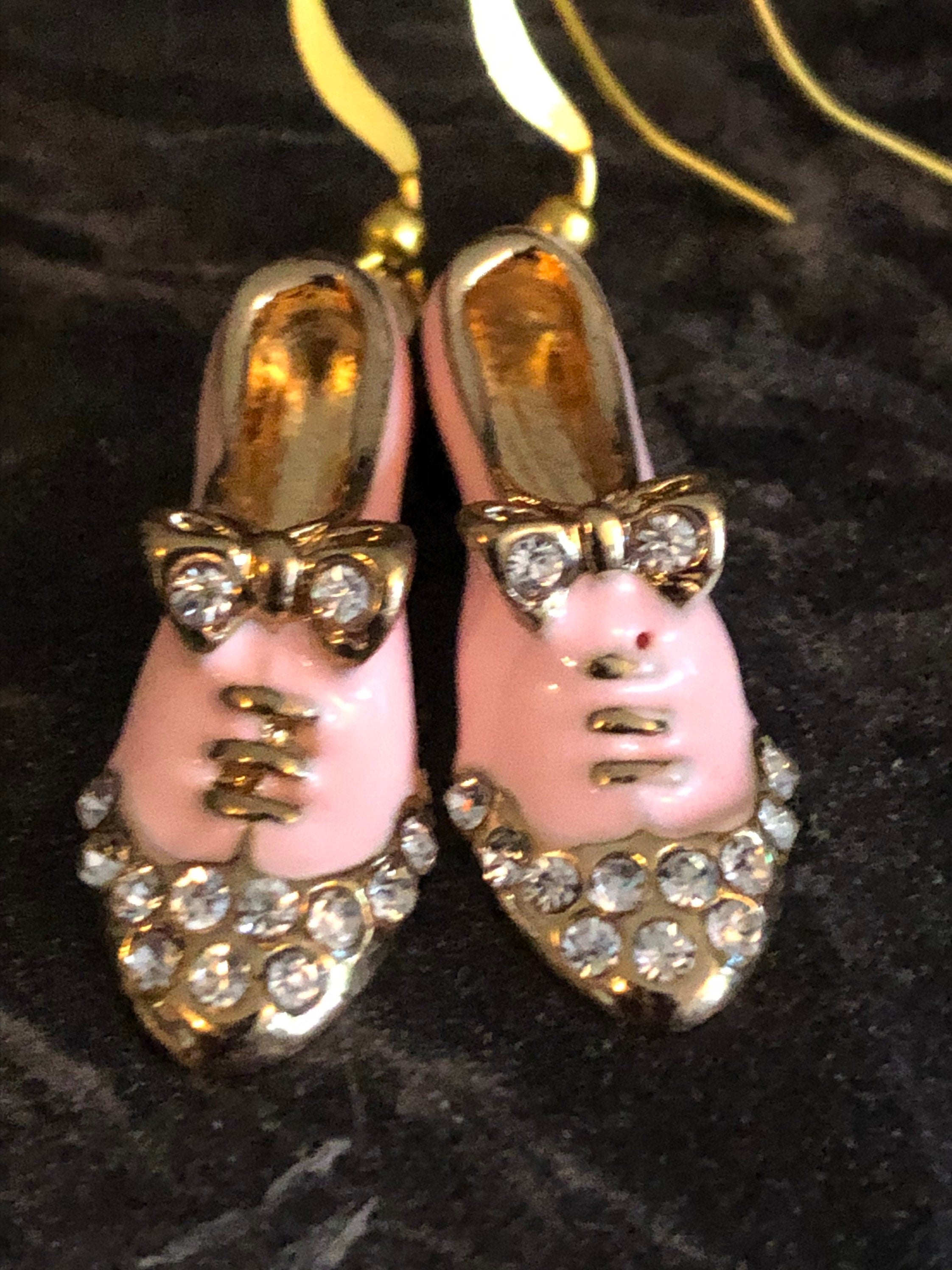 brogue shoe drop earrings for pierced ears PINK enamel diamanté