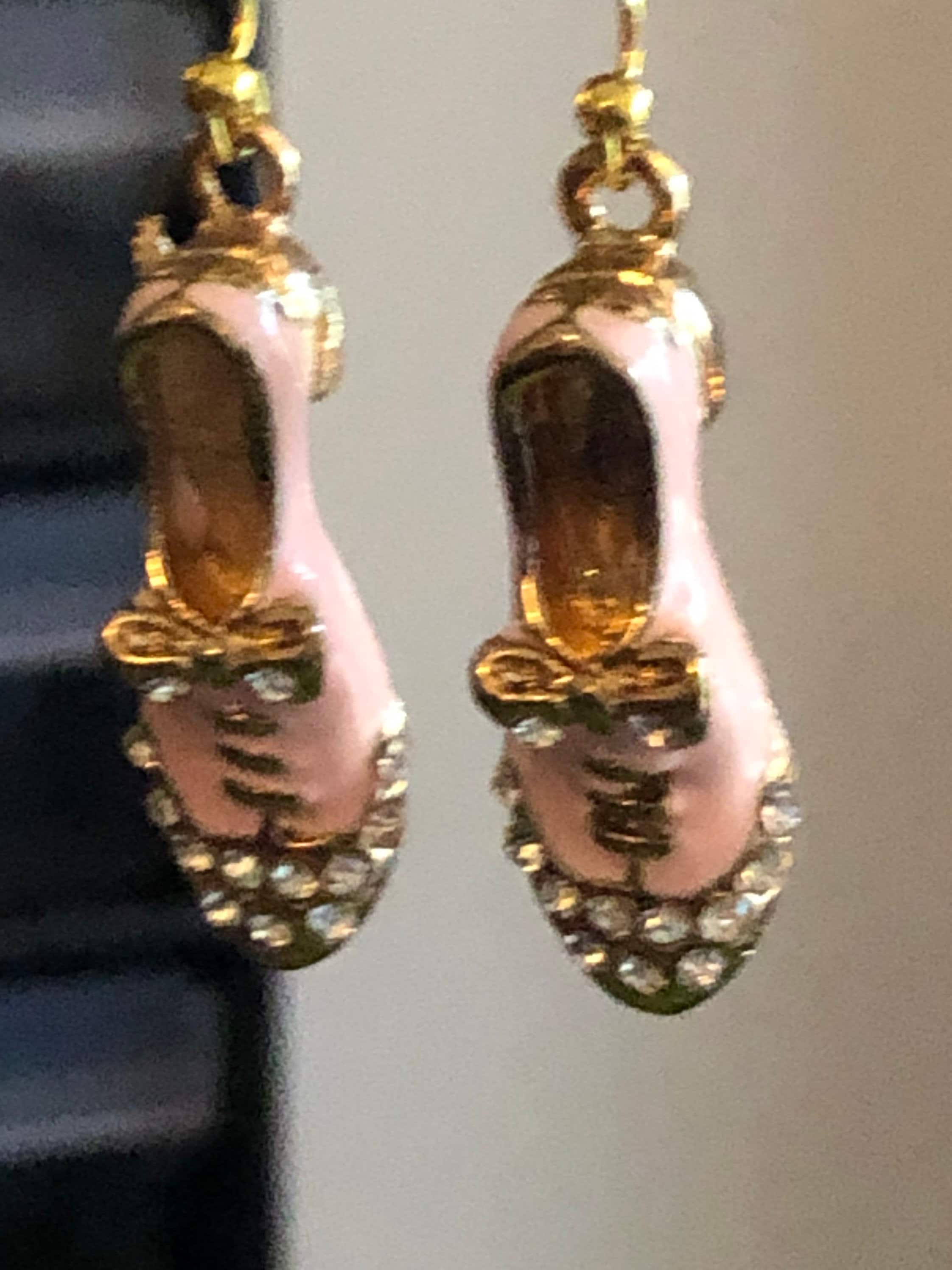 brogue shoe drop earrings for pierced ears PINK enamel diamanté