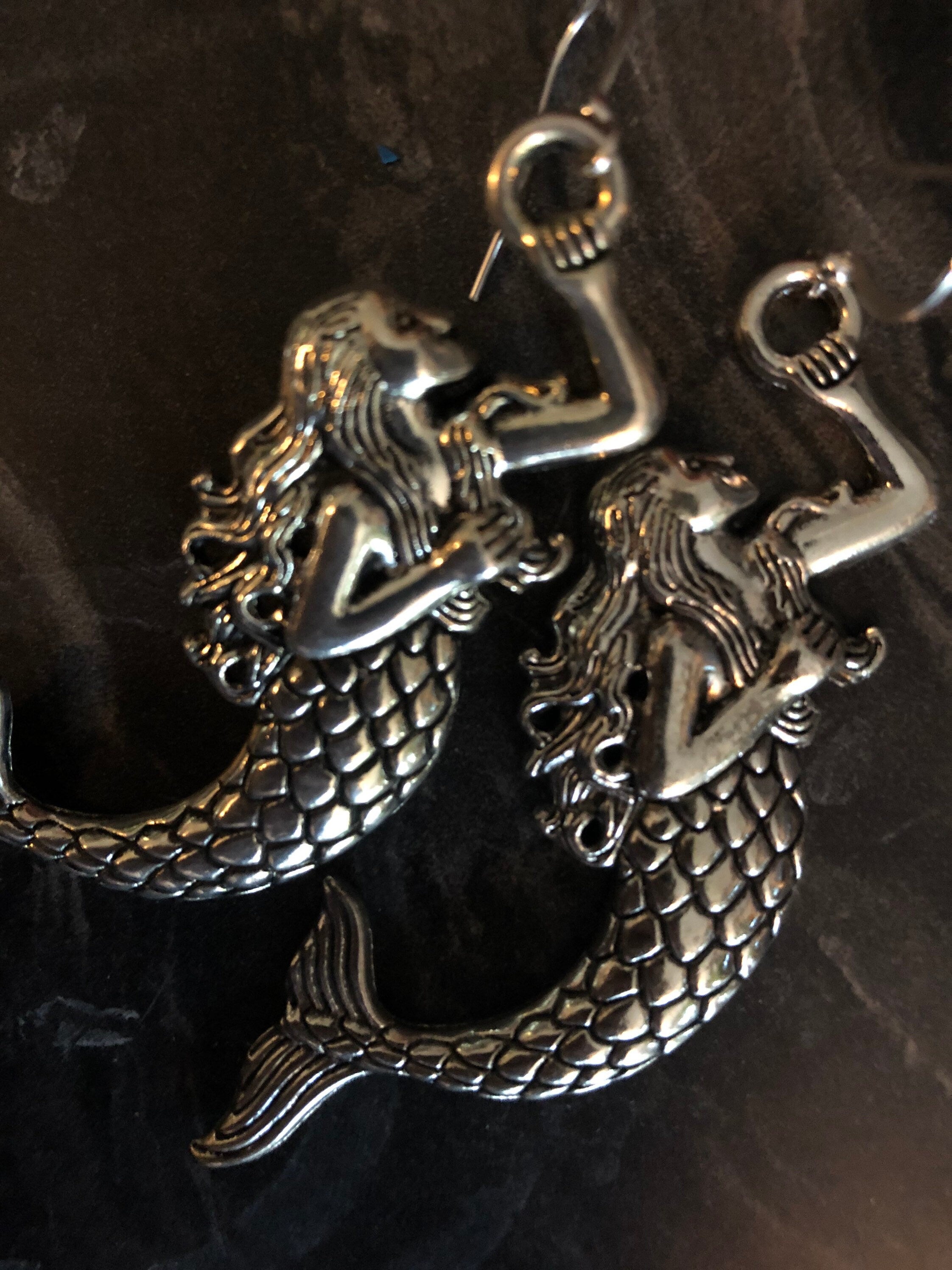 Oversized 8cm long antique silver tone metal Mermaid drop earrings