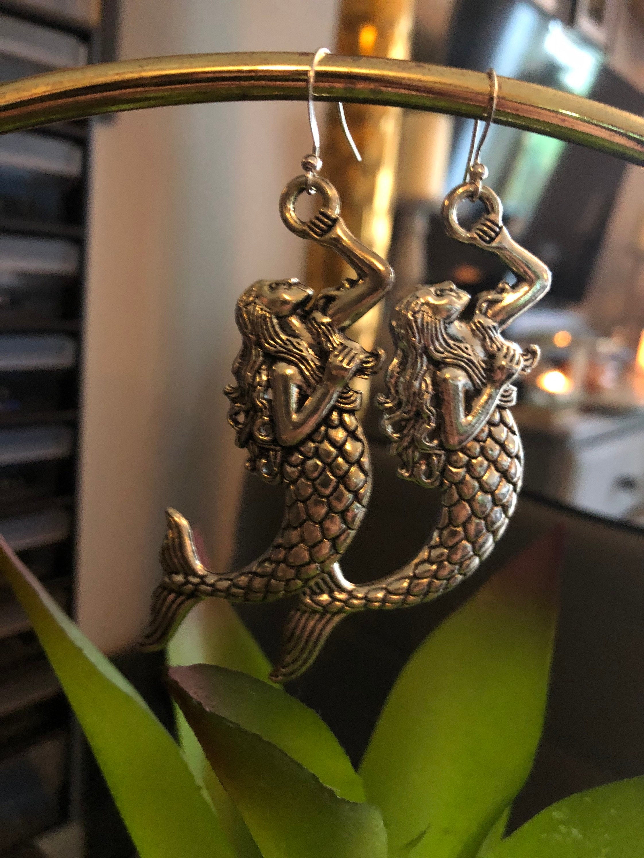 Oversized 8cm long antique silver tone metal Mermaid drop earrings