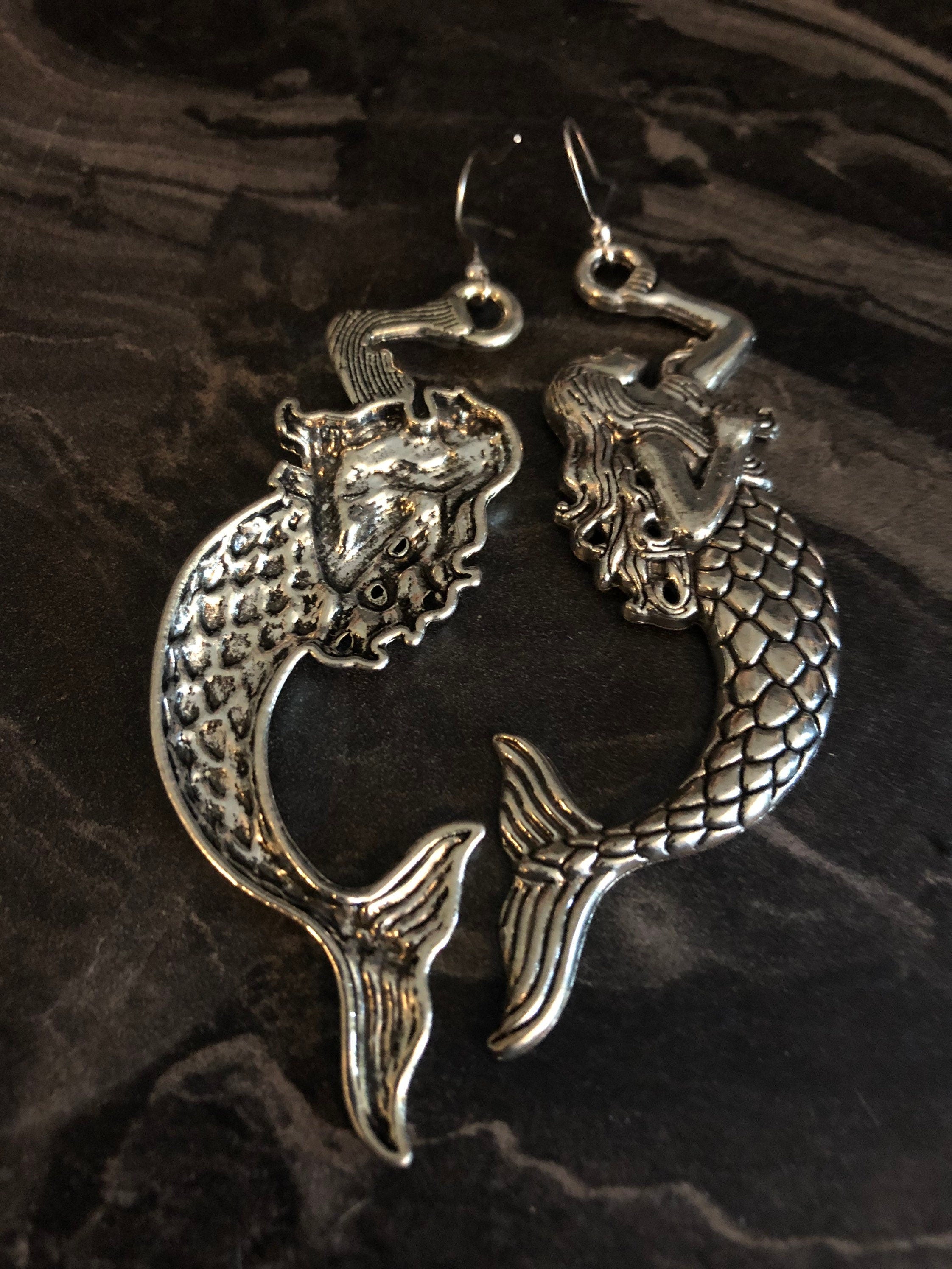 Oversized 8cm long antique silver tone metal Mermaid drop earrings