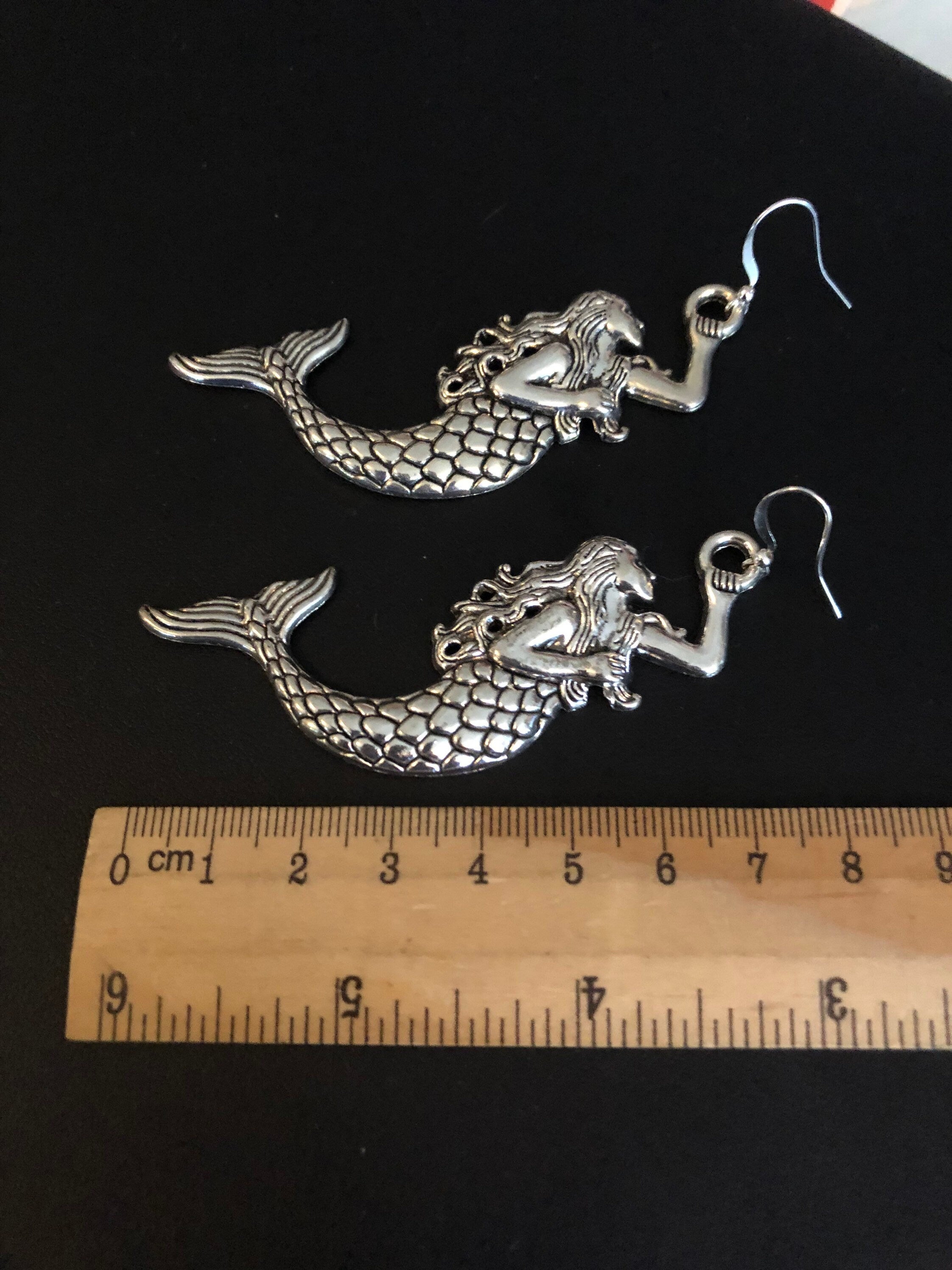Oversized 8cm long antique silver tone metal Mermaid drop earrings