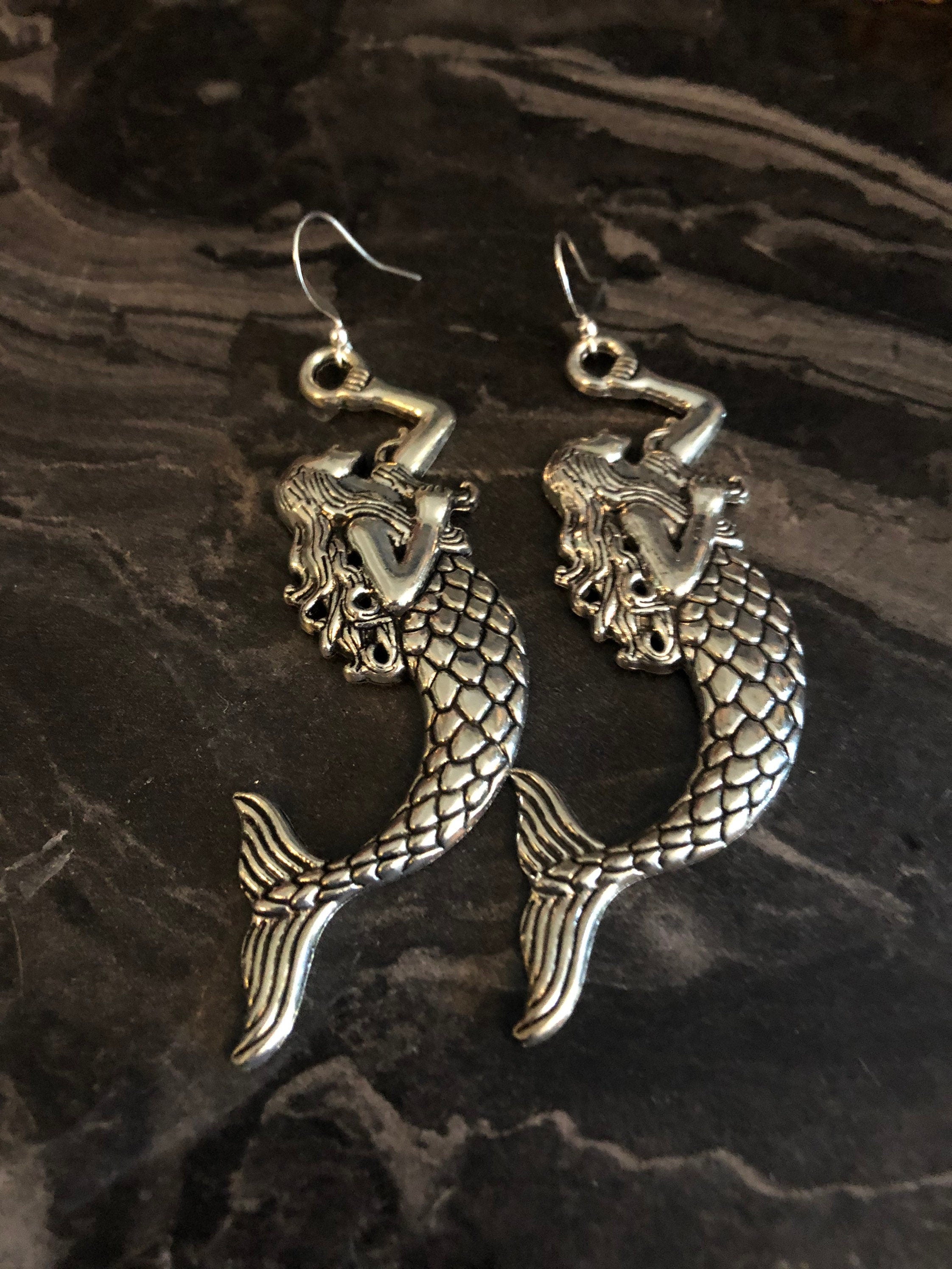 Oversized 8cm long antique silver tone metal Mermaid drop earrings