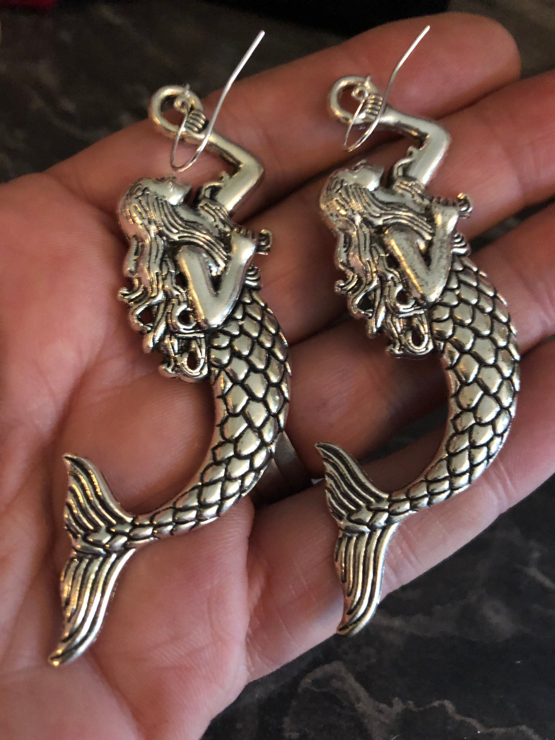 Oversized 8cm long antique silver tone metal Mermaid drop earrings