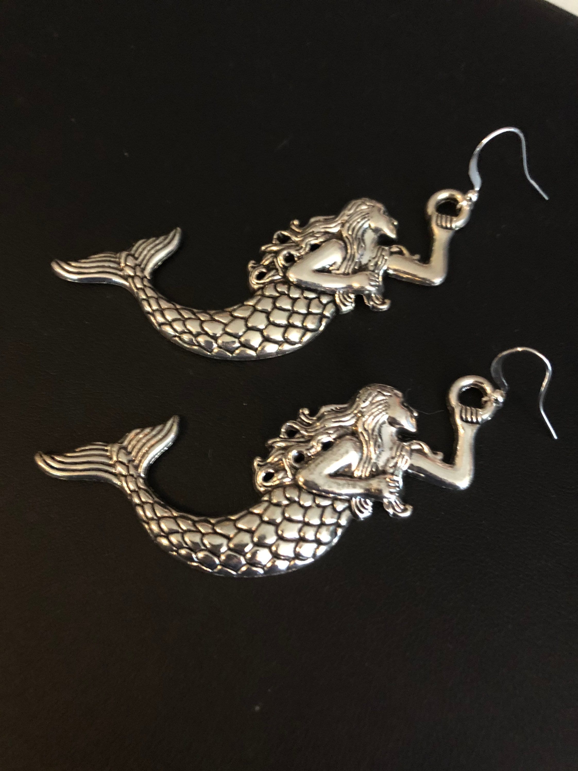 Oversized 8cm long antique silver tone metal Mermaid drop earrings