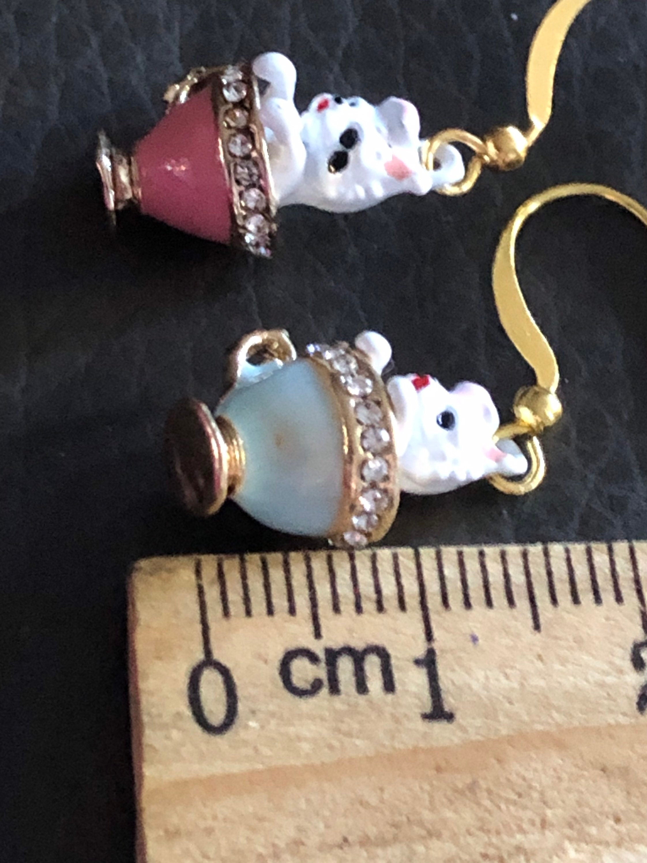 Kittens in teacups small drop earrings, PINK enamel diamanté