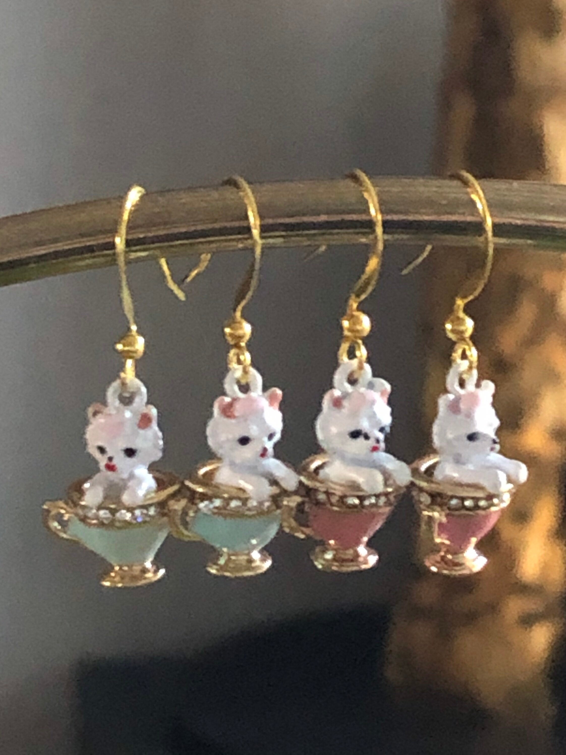 Kittens in teacups small drop earrings, PINK enamel diamanté