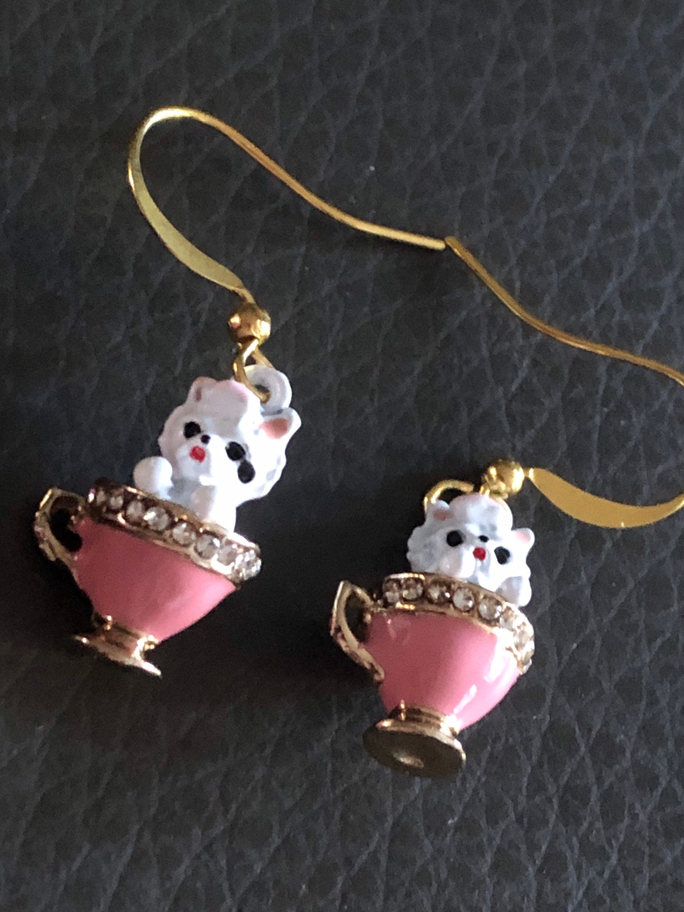 Kittens in teacups small drop earrings, PINK enamel diamanté