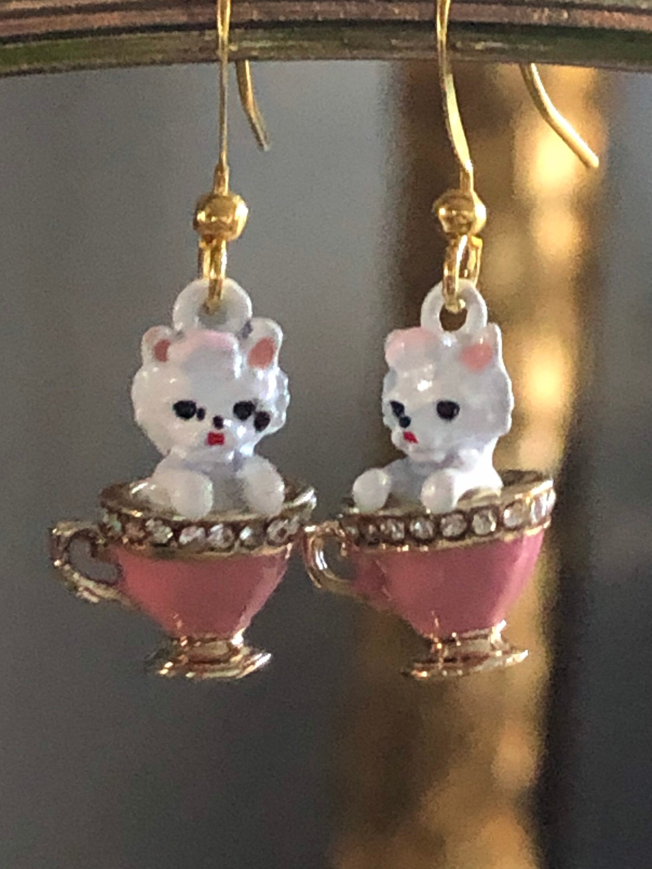 Kittens in teacups small drop earrings, PINK enamel diamanté